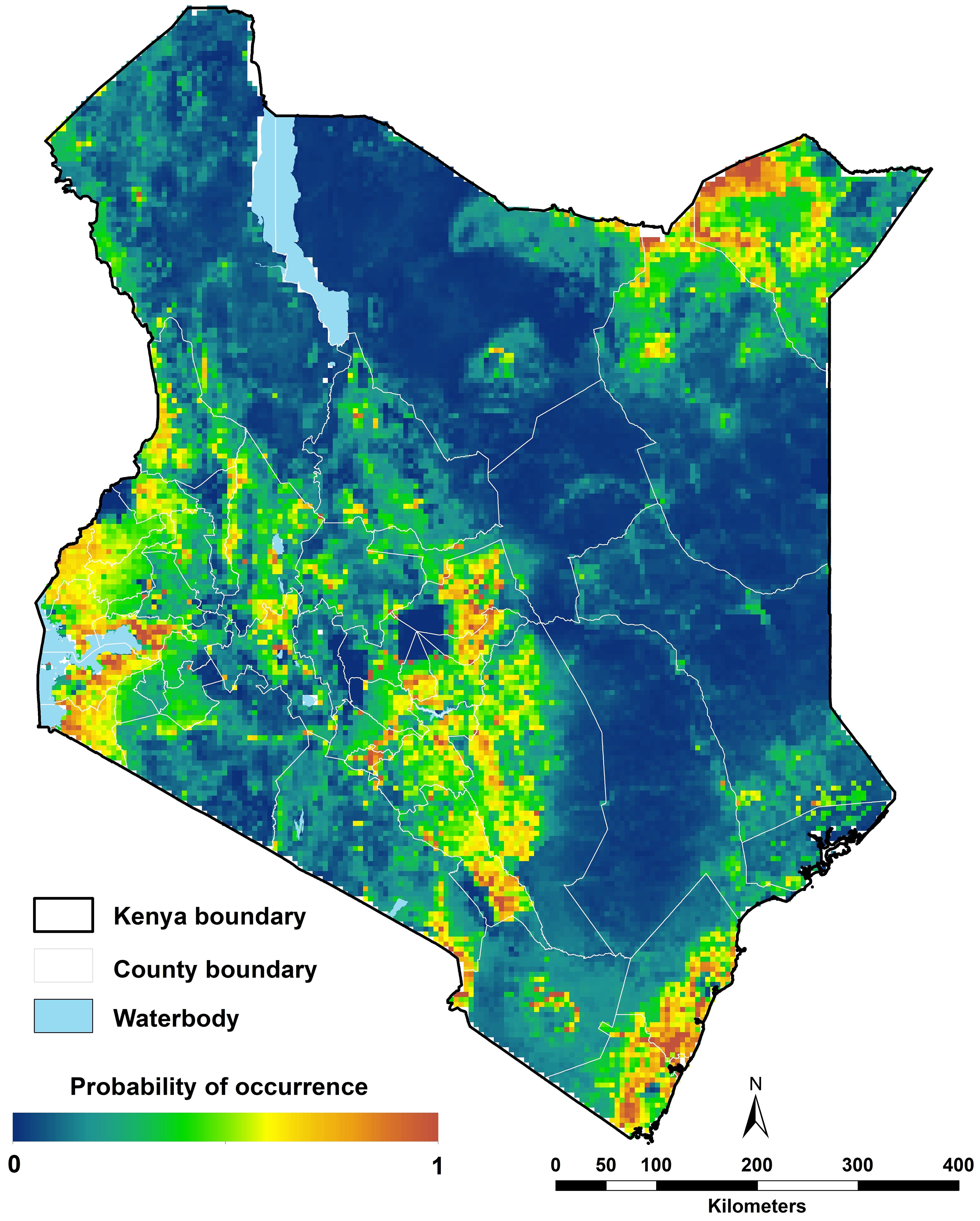 Map of Kenya showing probability of occurrence data, with color gradients from blue to red indicating low to high probability. It includes Kenya and county boundaries, water bodies, and a scale bar in kilometers.