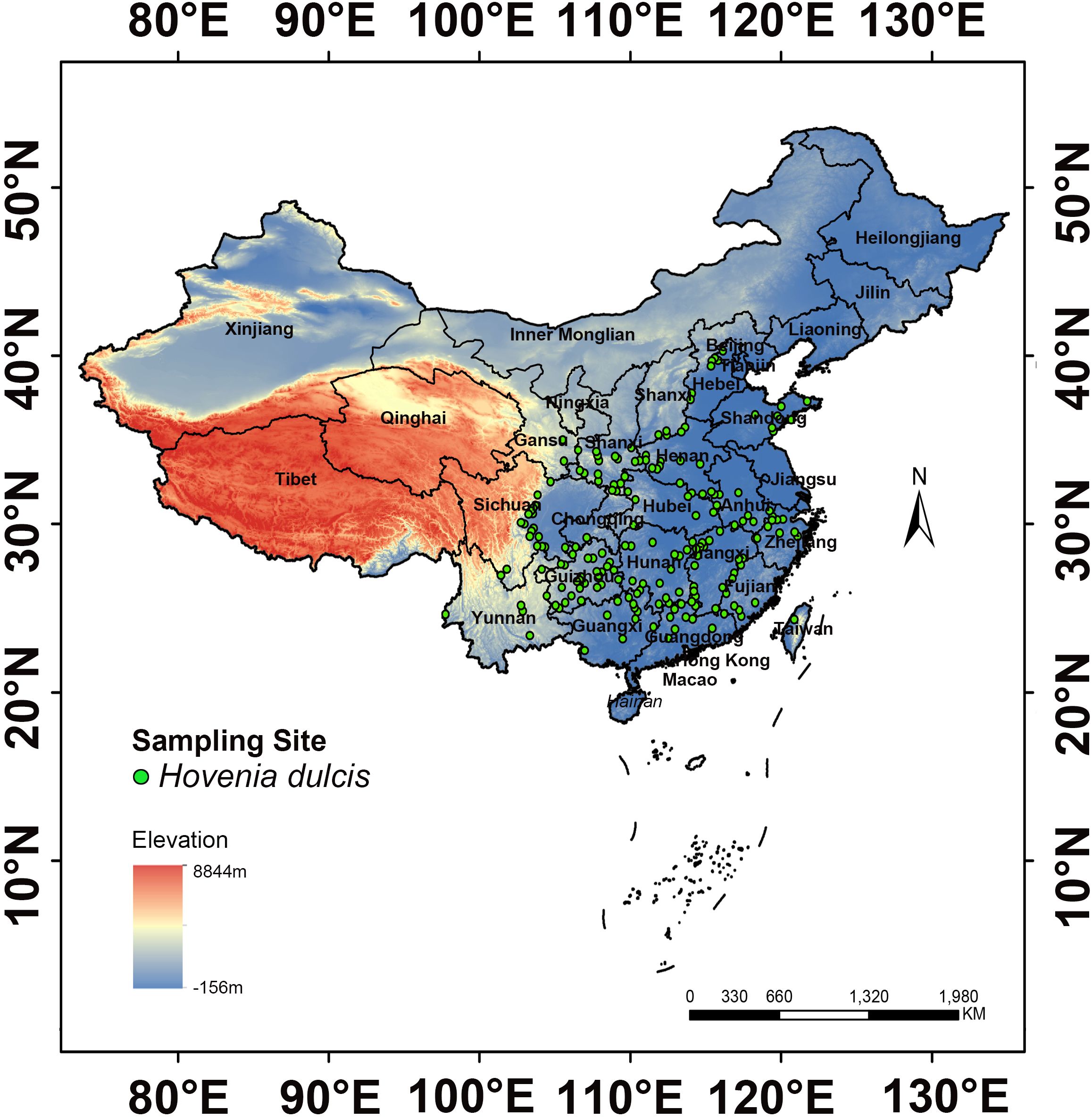 Map of China showing elevation and sampling sites for Hovenia dulcis. Regions are color-coded by elevation, ranging from red (high elevation) in the west to blue (low elevation) in the east. Green dots indicate sampling locations. Major regions like Tibet, Xinjiang, and coastal areas are labeled. A scale bar and compass are included.