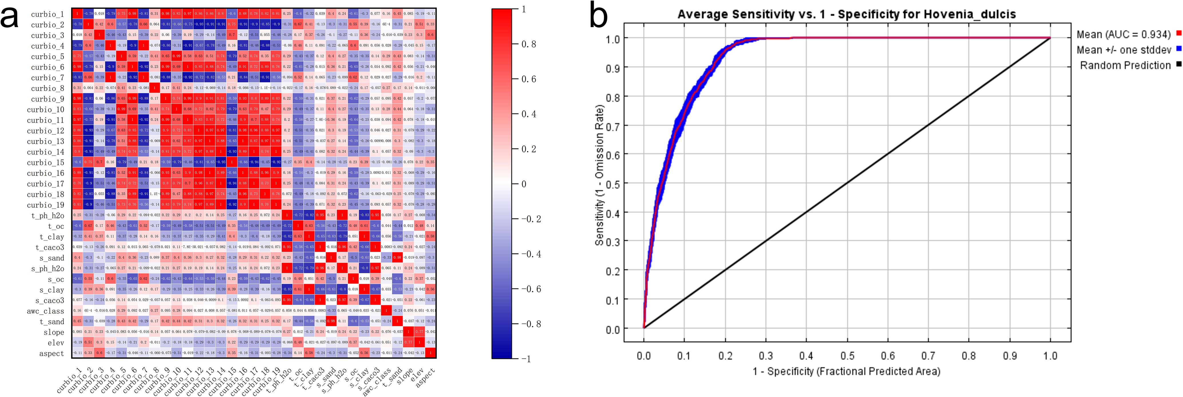 Panel a shows a heatmap illustrating the correlation between variables, with shades from blue to red indicating negative to positive correlations. Panel b presents a Receiver Operating Characteristic curve for Hovenia dulcis, displaying the average sensitivity against one minus specificity. The curve shows high accuracy with an Area Under the Curve of 0.934.