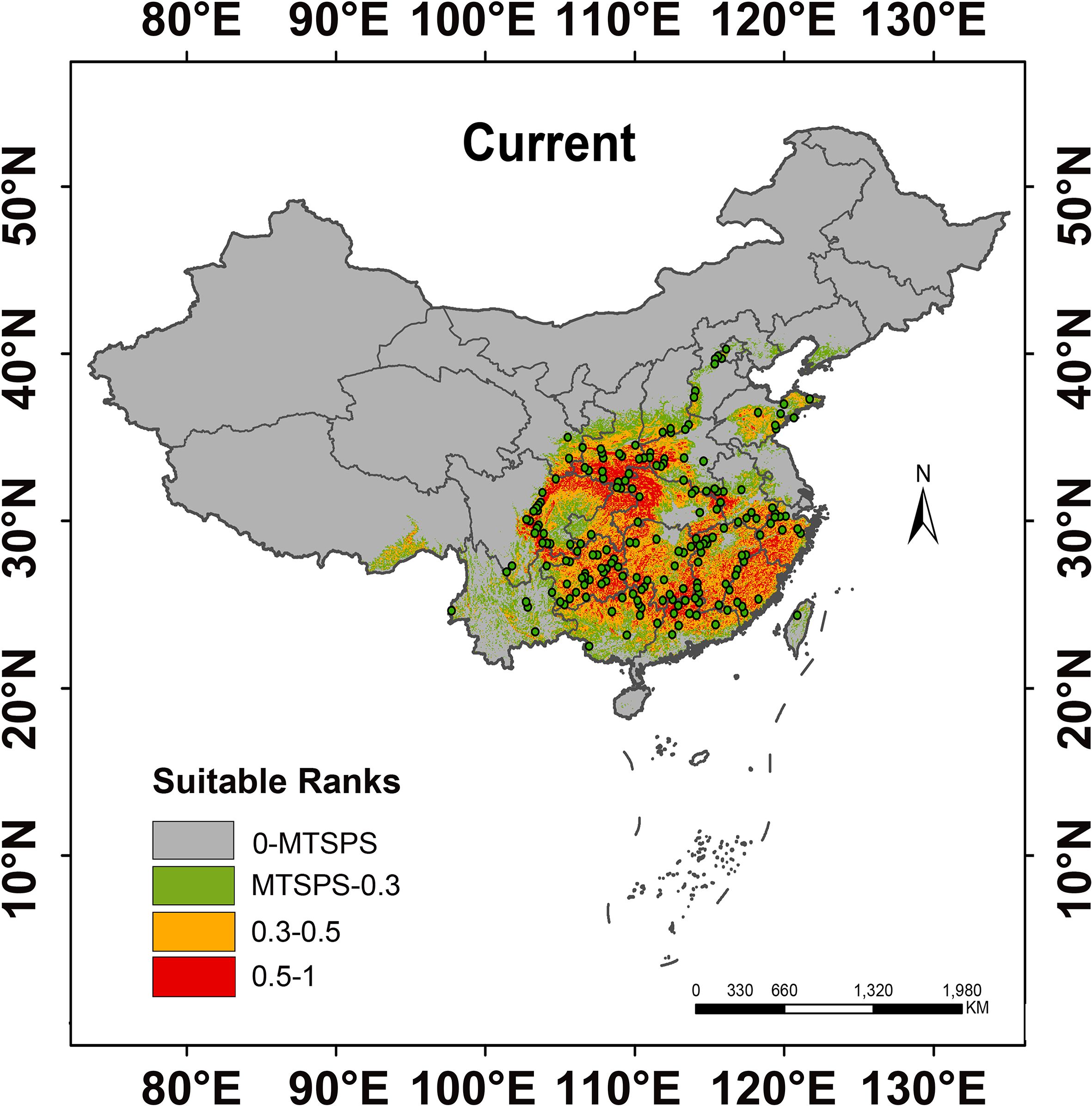 Map of China shows current suitable ranks for a specific parameter. Areas are colored by suitability: grey (0-MTSPS), green (MTSPS-0.3), orange (0.3-0.5), and red (0.5-1). The densest concentrations of higher suitability, in red, are located in central and southeastern regions. Black points are spread throughout marked areas. A scale bar and compass rose are included.