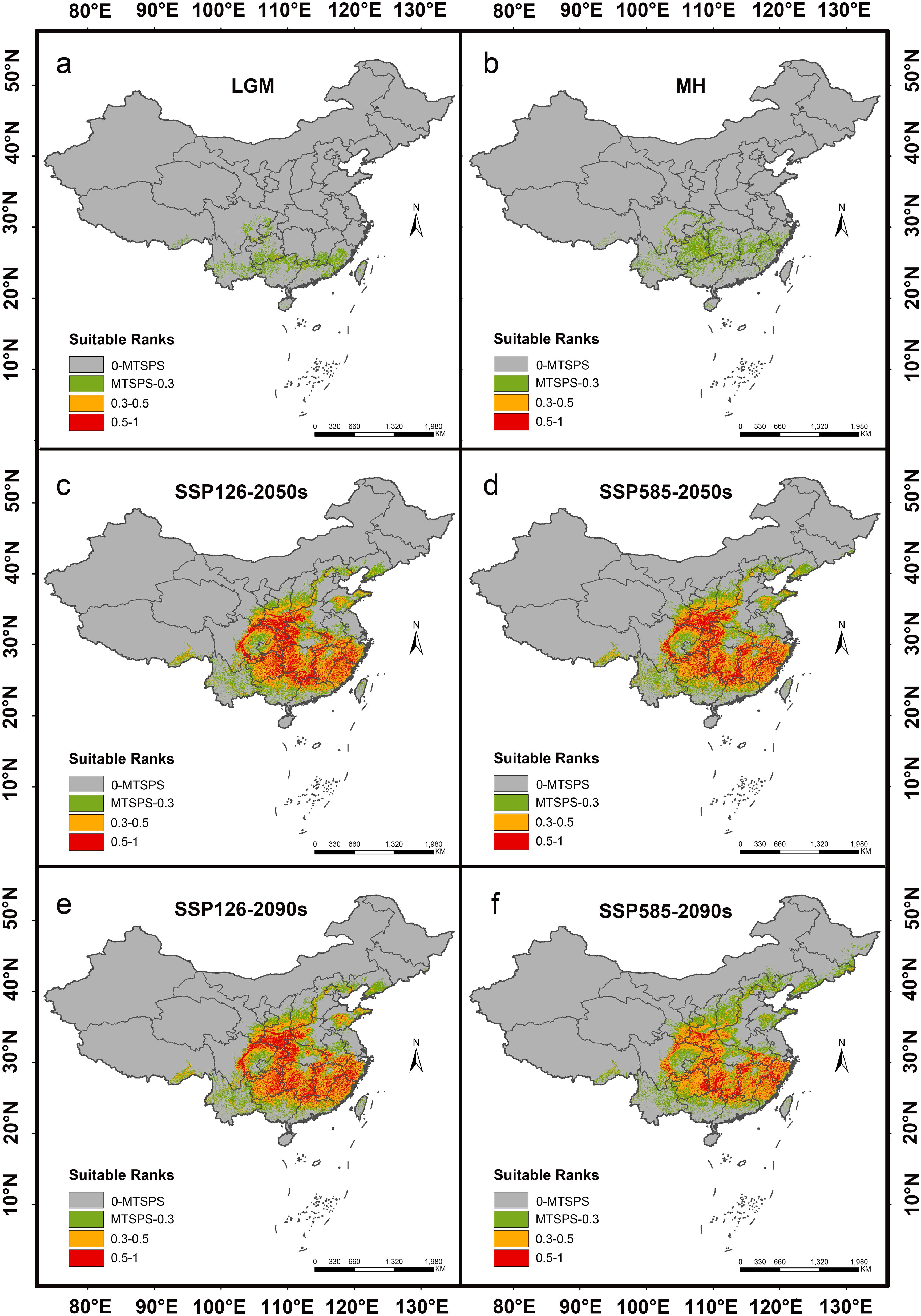 Maps of East Asia showing suitability ranks for different climate scenarios over time. Each map is labeled: LGM, MH, SSP126-2050s, SSP585-2050s, SSP126-2090s, and SSP585-2090s. Suitability is color-coded: gray (0-MTSPS), light green (MTSPS-0.3), yellow (0.3-0.5), and red (0.5-1). Regions of increased suitability are shown, particularly in eastern China, with gradual increases in red areas in future scenarios.