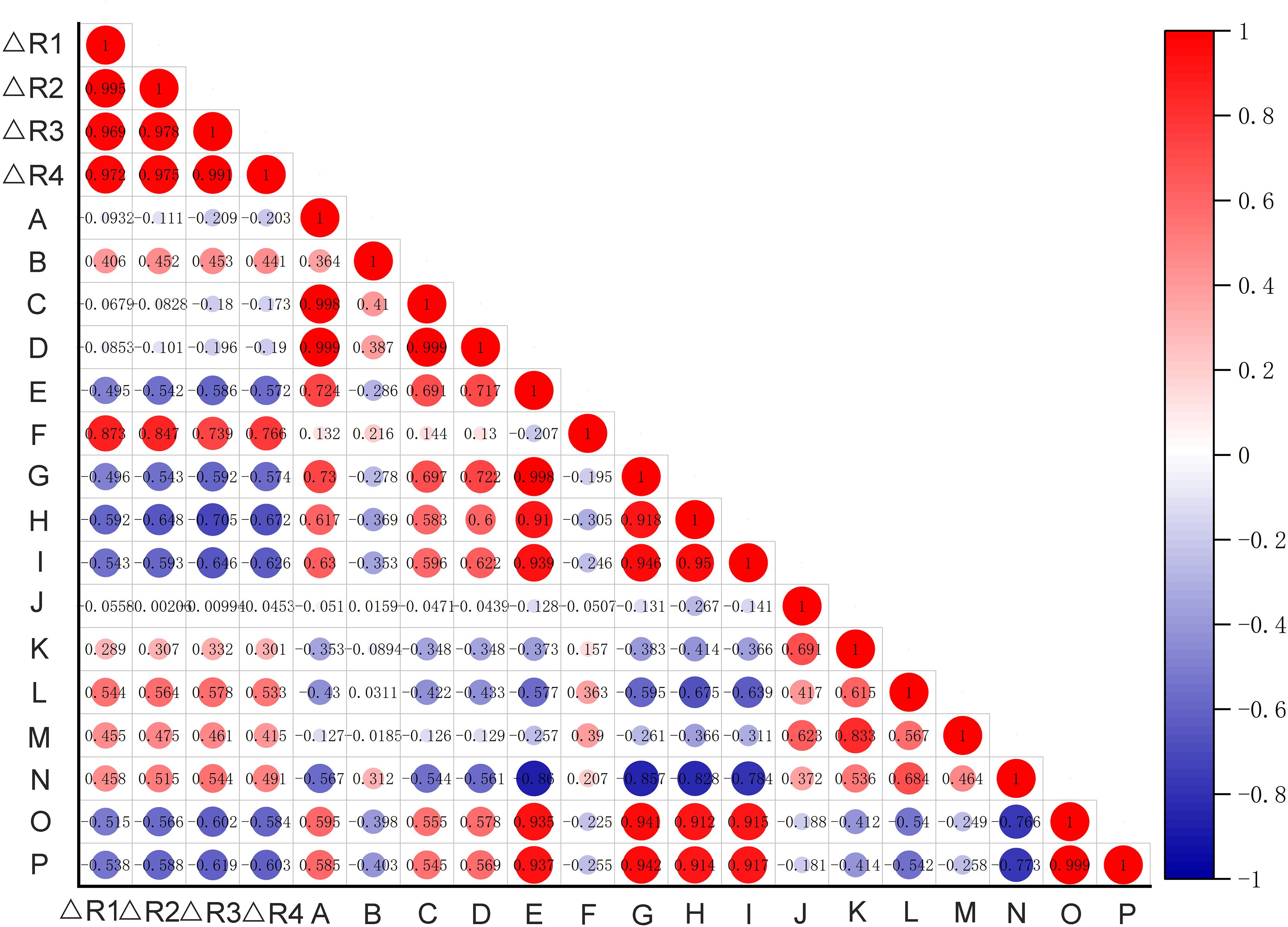 A correlation matrix with a triangular layout, using color-coded circles to represent correlation coefficients. The scale on the right ranges from -1 (dark blue) to 1 (red), indicating negative to positive correlations. Major data segments are labeled with symbols and letters. The diagonal displays perfect correlations, marked by bright red circles with the number one.