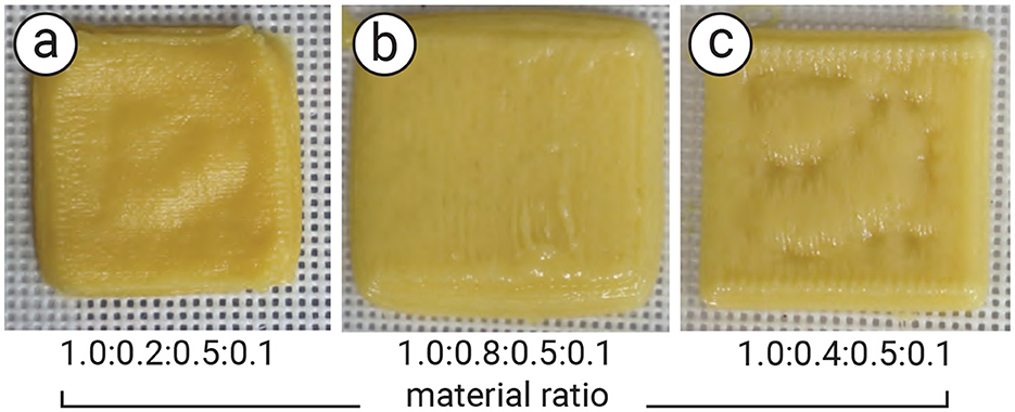 Three square yellow samples labeled a, b, and c on a grid background. Each sample has a different texture and labeled material ratio: a) 1.0:0.2:0.5:0.1, b) 1.0:0.8:0.5:0.1, c) 1.0:0.4:0.5:0.1.