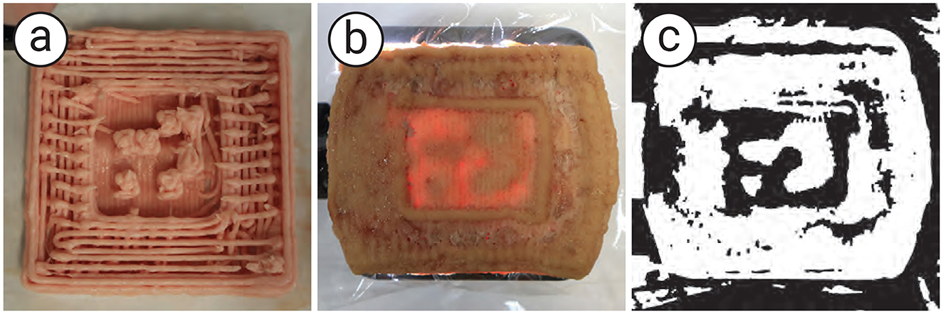 Three side-by-side images labeled a, b, and c. Image a shows a 3D-printed food item with intricate layers and a raised pattern. Image b displays a similar item under a light source, highlighting a design within the structure. Image c is a high-contrast, black-and-white version of the same 3D food item, emphasizing the pattern.