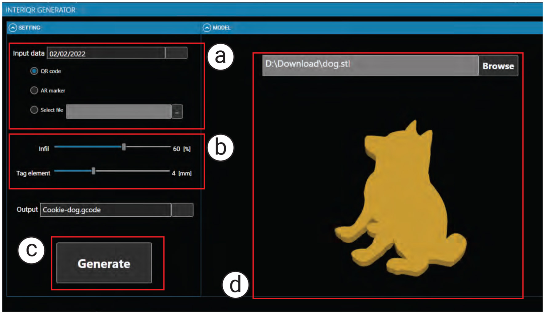Software interface for a 3D model generation tool. Panel a displays input data options, including date and selection between QR code, AR marker, and file upload. Panel b shows adjustable sliders for infill and tag element size. Panel c features a “Generate” button for creating output. Panel d shows the file path and a preview of a yellow 3D dog model.