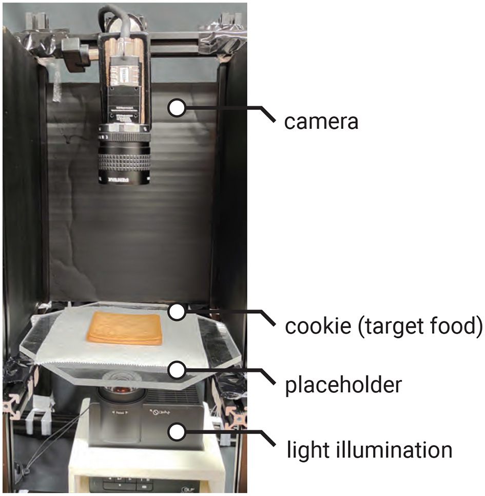 A setup for imaging consists of a camera mounted above a rectangular stage. A cookie is placed on a placeholder on the stage, with labeled light illumination beneath.