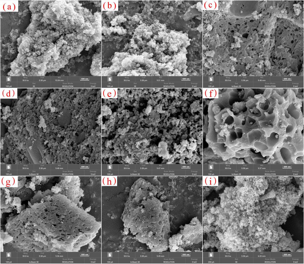 Nine-panel scanning electron microscope images showing various microstructures. Panels (a), (b), (e), and (i) display granular formations. Panels (c), (f), and (g) feature porous structures. Panel (d) shows dense, compact particles. Panel (h) presents a large, uneven mass. Each panel has a scale bar of 500 nanometers.