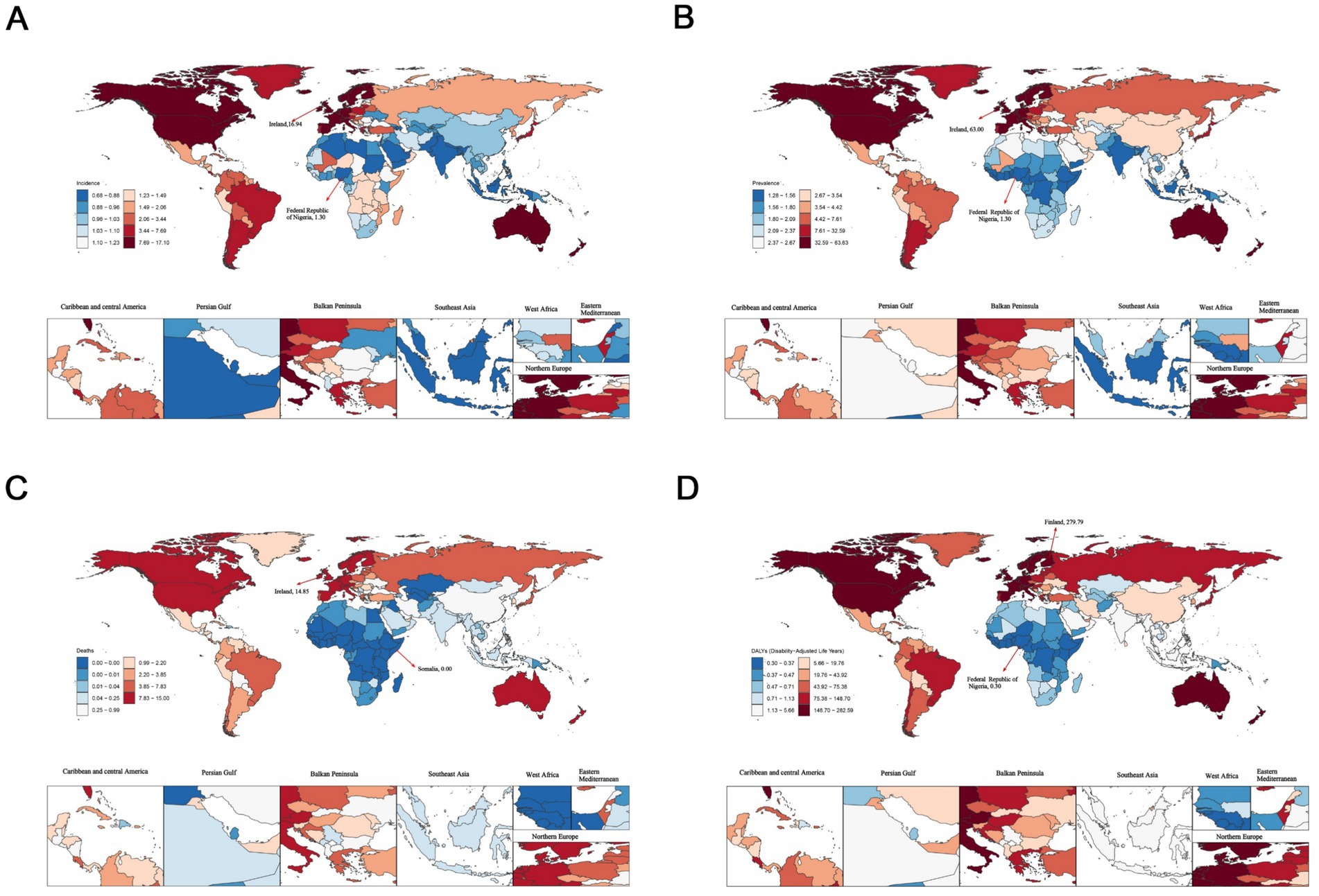 Four world maps labeled A, B, C, and D show data on elderly motor neuron disease. Map A shows incidence rates; regions range from dark-red (highest) to light blue (lowest). Maps B, C, and D illustrate prevalence,death rates, and DALYs (Disability-Adjusted Life Years) respectively, with similar color gradients. Data highlights include Ireland and the Federal Republic of Nigeria, emphasizing regional differences.