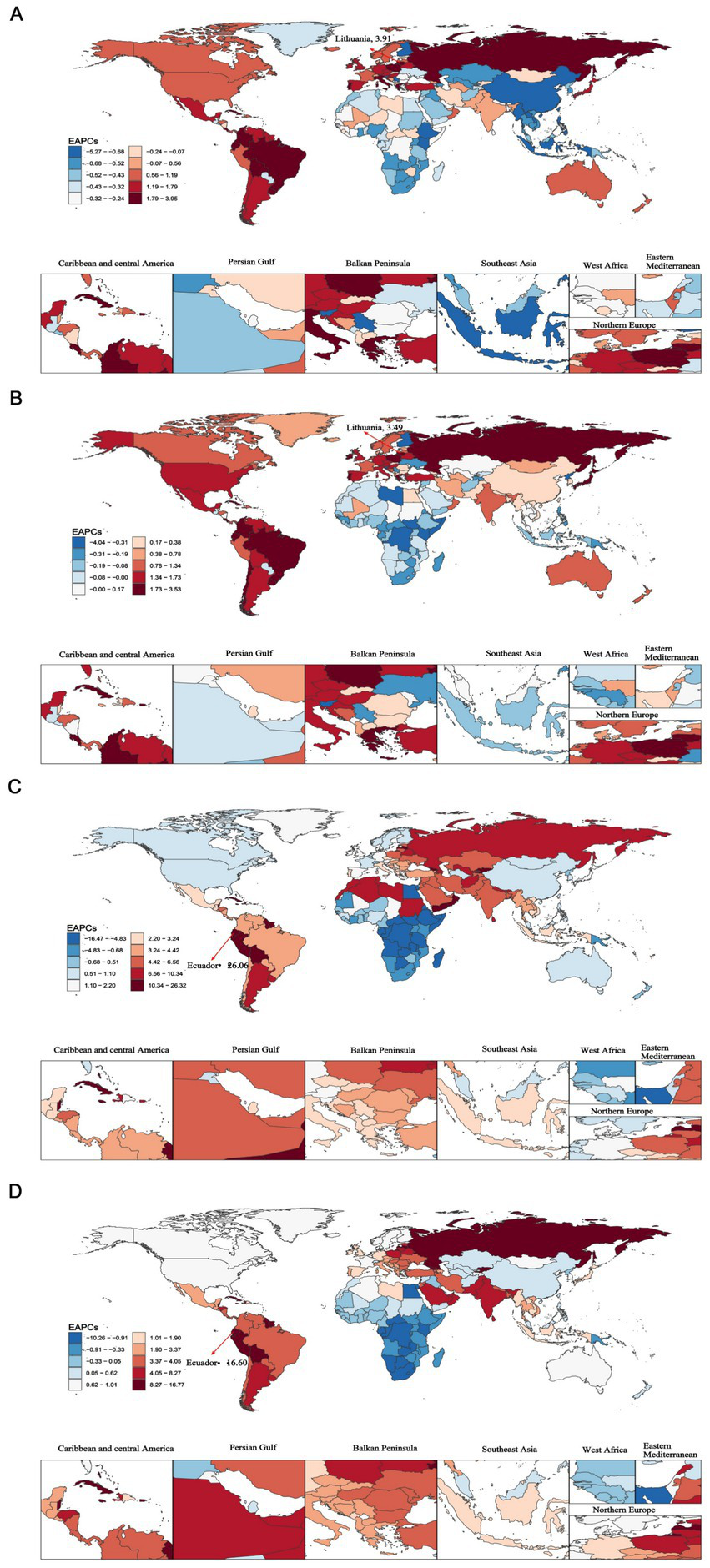 Four world maps display Estimated Annual Percentage Changes (EAPCs) for various regions, labeled A to D. Color gradients range from blue to dark red, indicating different levels of EAPC values. Lithuania and Ecuador have notable values highlighted, with specific EAPCs mentioned.