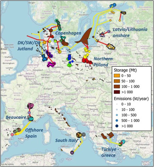 Map of Europe showing carbon storage and emissions sites. Colored dots and shapes indicate storage capacity in megatonnes and emissions in kilotonnes per year. Locations include Copenhagen, Northern Poland, Latvia/Lithuania, and South Italy. A legend explains color coding for storage and emissions.
