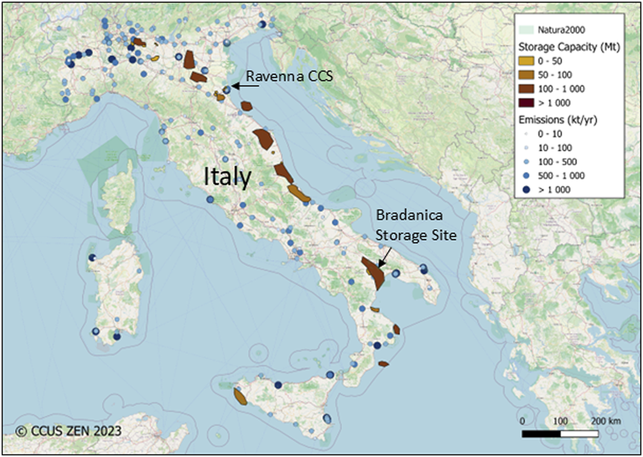 Map of Italy showing CO2 storage capacities and emission levels. Storage sites are marked in brown shades, with darker shades indicating larger capacities. Emission levels are marked as blue circles, with larger circles indicating higher emissions. Ravenna CCS and Bradanica Storage Site are labeled. A scale indicates distances and a legend explains the color coding.