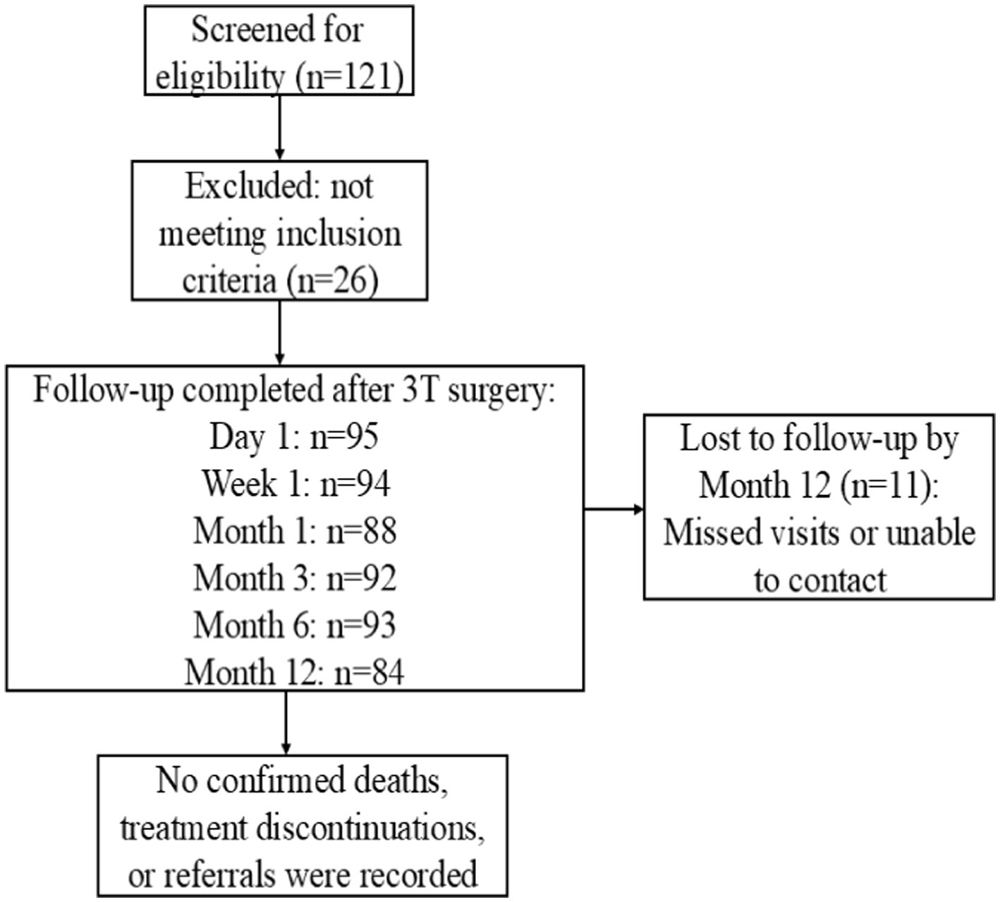 Flowchart showing patient follow-up after 3T surgery: 121 screened, 26 excluded. Follow-up completed: Day 1 (95), Week 1 (94), Month 1 (88), Month 3 (92), Month 6 (93), Month 12 (84). By Month 12, 11 lost to follow-up. No recorded deaths, treatment discontinuations, or referrals.