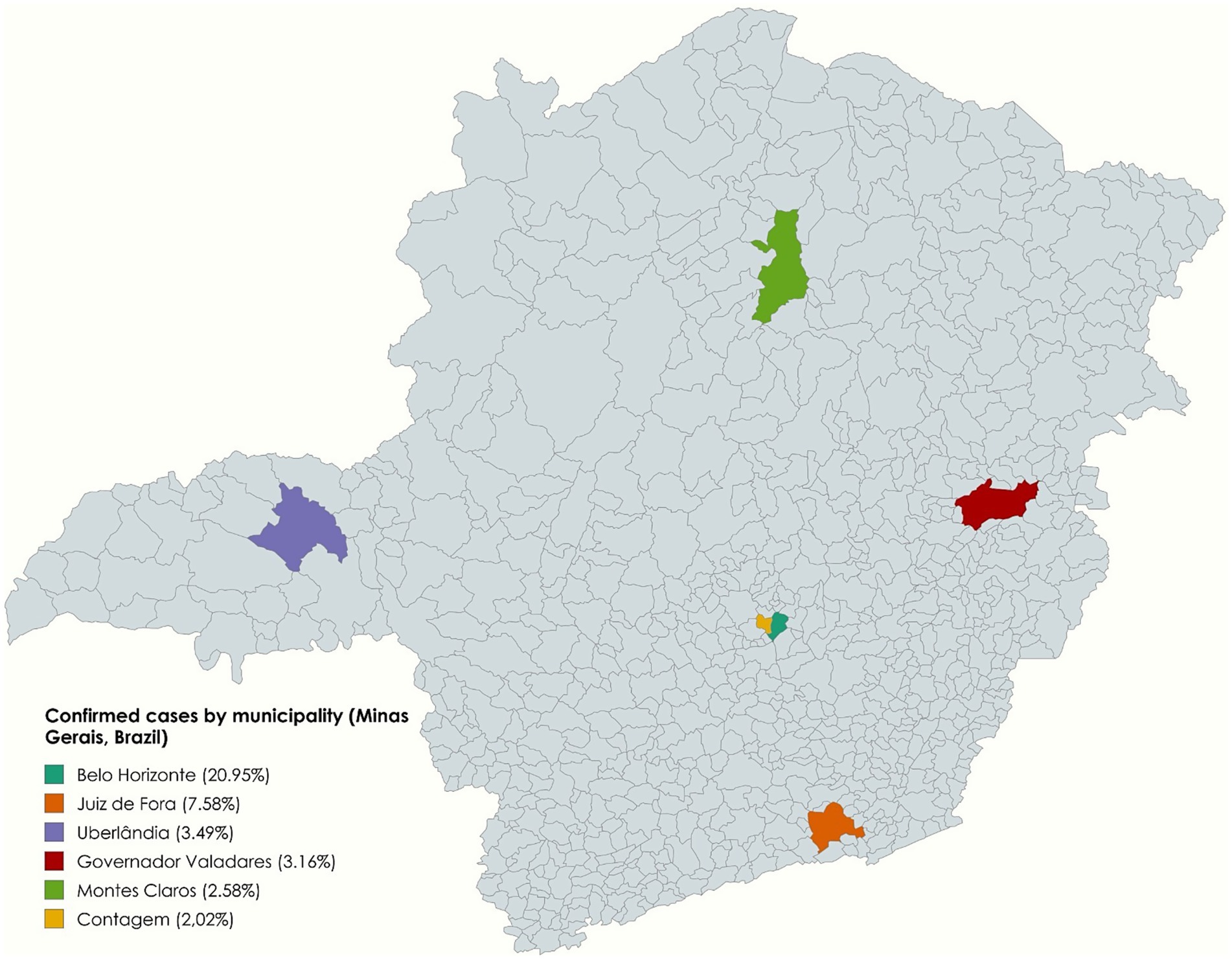 Map of Minas Gerais, Brazil, highlighting municipalities by confirmed COVID-19 cases. Belo Horizonte (purple) leads with 20.95%, followed by Juiz de Fora (orange) with 7.58%, Uberlândia (green) with 3.49%, Governador Valadares (red) with 3.16%, Montes Claros (yellow) with 2.58%, and Contagem (blue) with 2.02%.