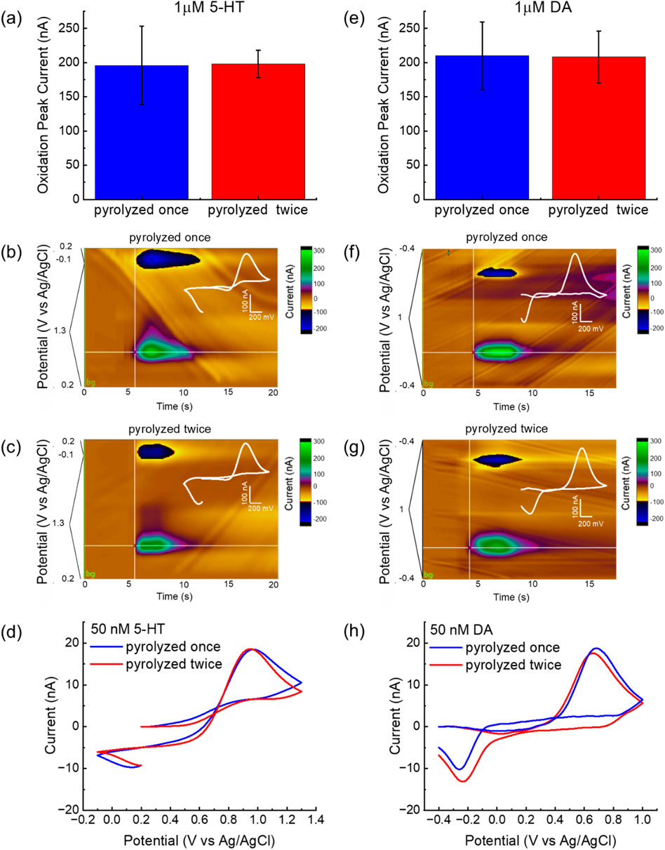 Bar and contour plots with cyclic voltammograms illustrate oxidation peak currents for 5-HT and DA at electrodes pyrolyzed once or twice. Panels (a) and (e) show bar charts comparing peak currents for 1 µM 5-HT and DA. Panels (b), (c), (f), and (g) display contour plots of current versus time and potential for each pyrolysis condition. Panels (d) and (h) present cyclic voltammograms for 50 nM 5-HT and DA. Blue indicates pyrolyzed once; red indicates pyrolyzed twice. Both analytes show similar responses between the two pyrolysis conditions.
