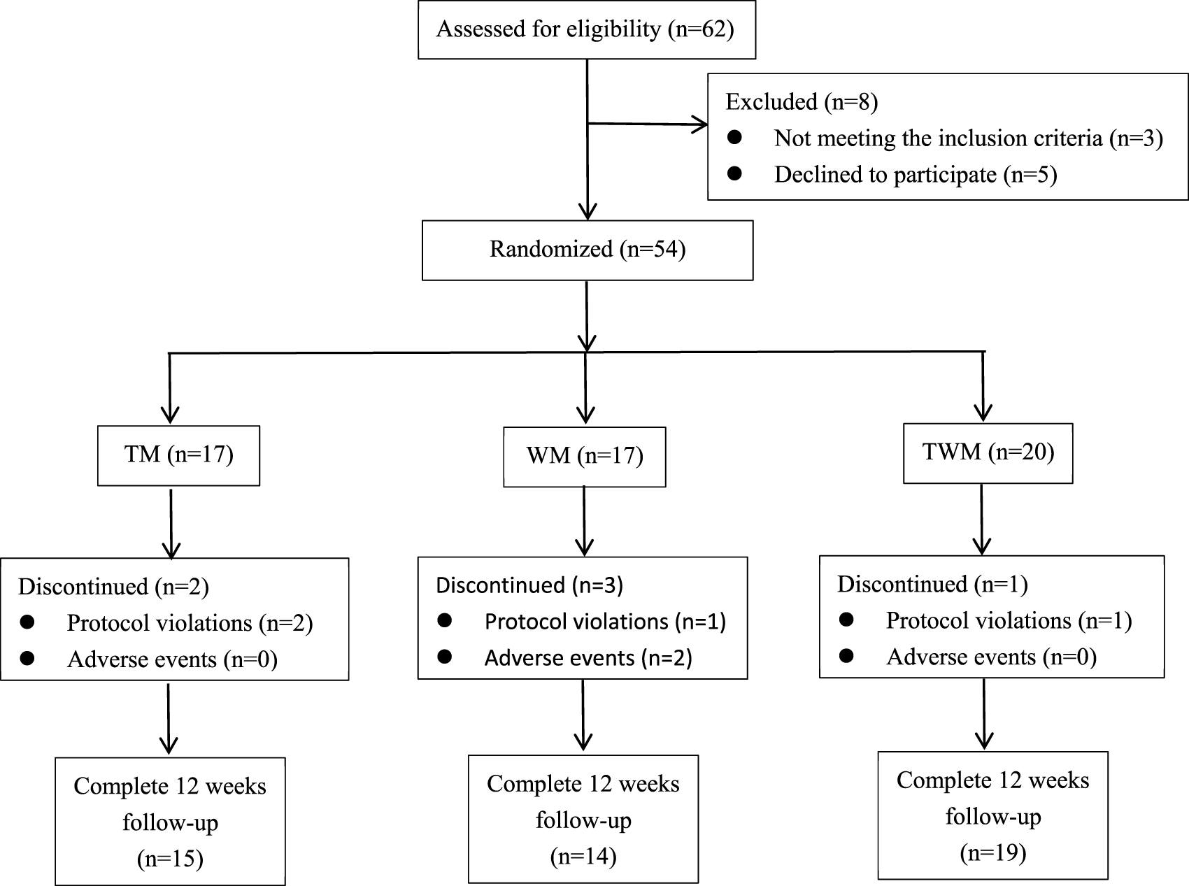 Flowchart showing participant allocation in a study. Sixty-two participants were assessed for eligibility. Eight were excluded (three did not meet criteria, five declined). Fifty-four were randomized into three groups: TM (n=17), WM (n=17), and TWM (n=20). Discontinuation occurred as follows: TM (n=2 for protocol violations), WM (n=3; one protocol violation, two adverse events), and TWM (n=1 for a protocol violation). At the twelve-week follow-up, completions were TM (n=15), WM (n=14), and TWM (n=19).