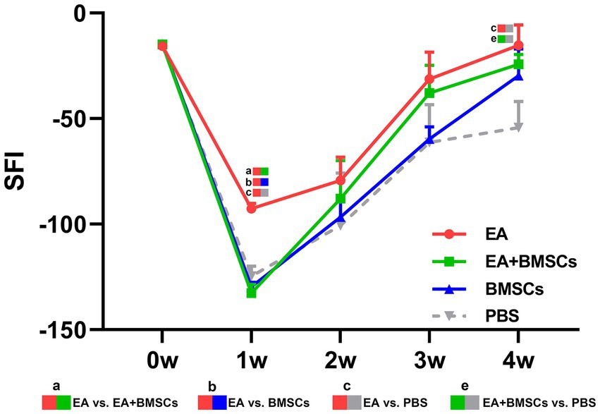 Line graph showing the sciatic functional index (SFI) over four weeks for four treatments: EA (red), EA+BMSCs (green), BMSCs (blue), and PBS (gray). SFI improves over time across treatments, with EA showing the most significant improvement after four weeks. Statistical significance indicators: a (EA vs. EA+BMSCs), b (EA vs. BMSCs), c (EA vs. PBS), e (EA+BMSCs vs. PBS) are marked on the graph.