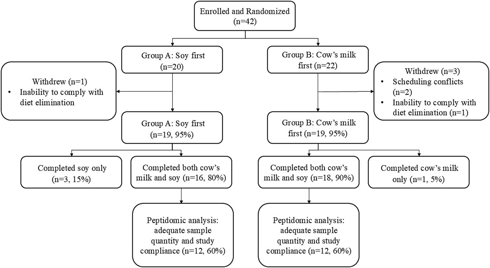 Flowchart detailing a study of 42 participants divided into two groups: Group A (20 participants, soy first) and Group B (22 participants, cow’s milk first). One from Group A withdrew due to diet compliance issues, while three from Group B withdrew for scheduling conflicts and diet compliance. In Group A, 19 completed: three soy only, and 16 both diets. In Group B, 19 completed: one cow’s milk only, and 18 both diets. Peptidomic analysis was conducted on 12 in each group, meeting sample and study compliance requirements.