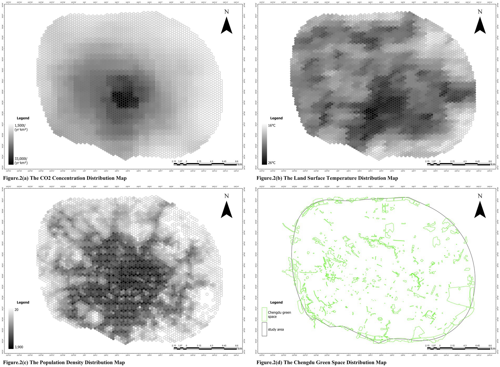 Four distribution maps are shown. Top left: CO2 concentration map with darker hexagons indicating higher concentrations. Scale ranges from fifteen hundred to thirty-three thousand tons per square kilometer.Top right: Land surface temperature map with darker shades indicating higher temperatures. Scale ranges from sixteen to twenty-six degrees Celsius.Bottom left: Population density map with darker hexagons indicating higher density. Scale ranges from twenty to thirty-nine hundred people.Bottom right: Chengdu green space map, with green outlines indicating green spaces and study area boundaries.