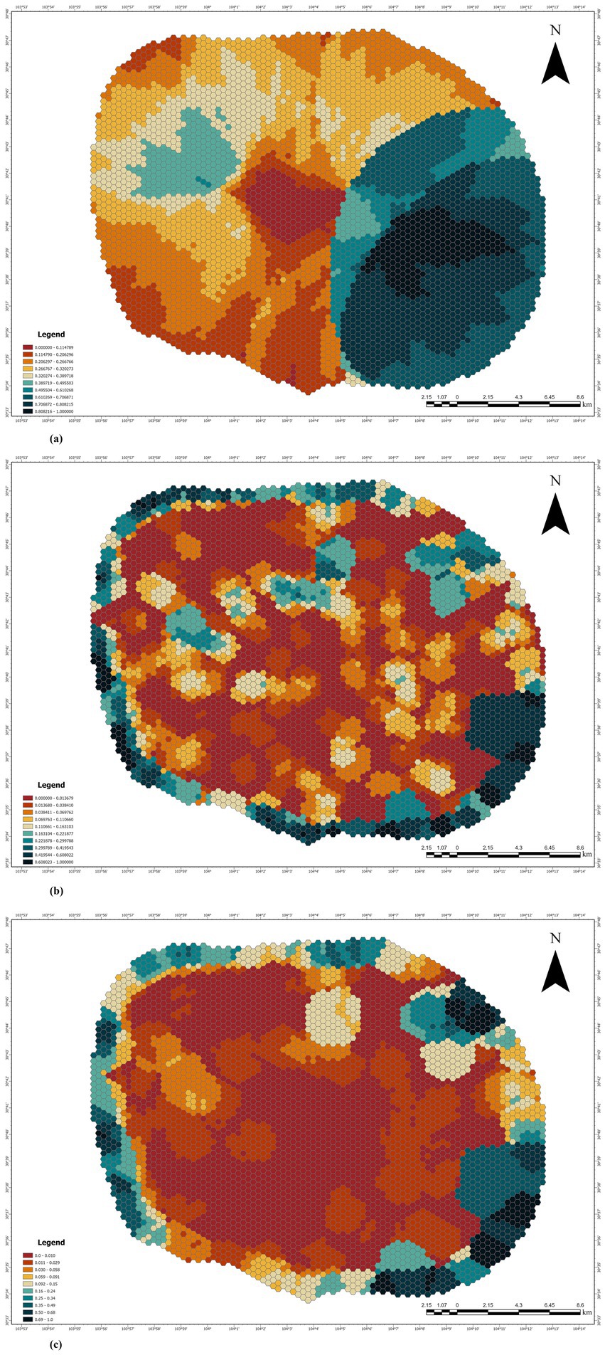 Three hexagonal grid maps labeled (a), (b), and (c), each showing a geographic area with varied color-coded sections. Color gradients represent different value ranges, as indicated in the legends. Directional arrows point north, and scales show distances in kilometers.