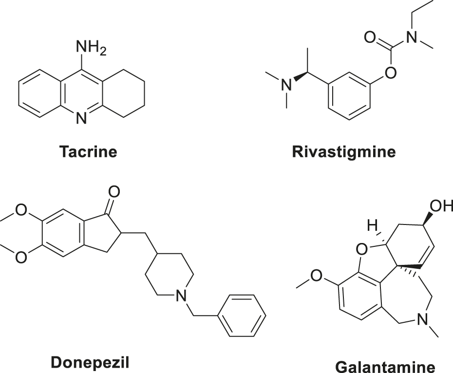 Chemical structures of four compounds used in Alzheimer's treatment: Tacrine, Rivastigmine, Donepezil, and Galantamine. Each is shown with its unique molecular arrangement.