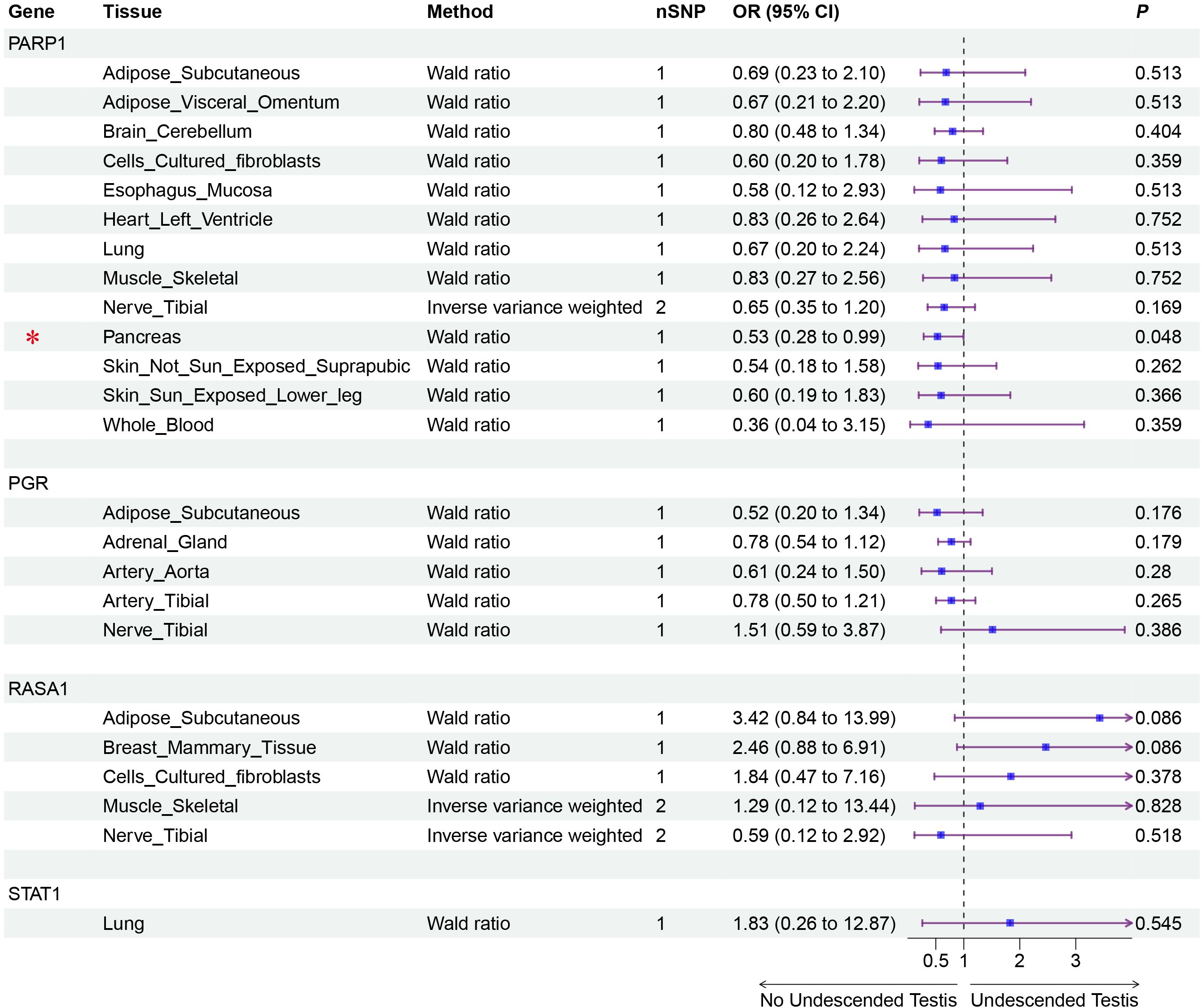 Forest plot showing the odds ratio (OR) and confidence intervals (CI) for genetic associations across various tissues for genes PARP1, PGR, RASA1, and STAT1. Each row lists gene, tissue, method, nSNP, OR with 95% CI, and P-value. A significant association in the pancreas tissue for PARP1 is marked with a red asterisk, showing OR 0.53 (0.28 to 0.99) and P-value 0.048. Each line includes a point estimate with a horizontal line representing the CI, crossing or not crossing the null value line at OR = 1.