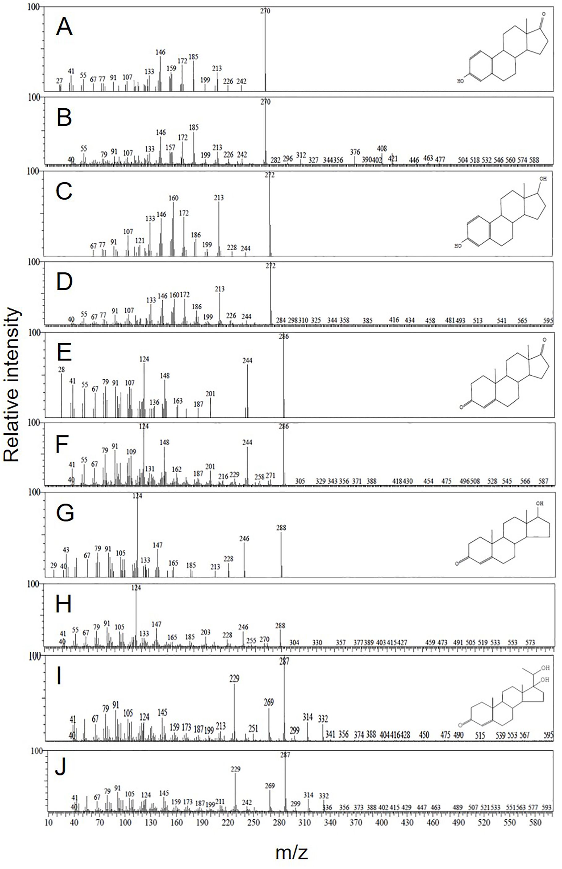 Mass spectrometry graphs labeled A to J, showing relative intensity versus m/z ratios. Each graph includes different peaks indicating varying molecular masses. Chemical structures are present in the upper right corner of graphs A, C, E, and I, with structural variations. The x-axis scales from m/z 40 to 600, while the y-axis measures relative intensity from 0 to 100.