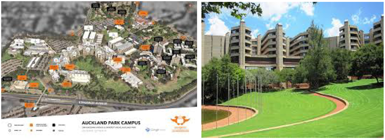 Map of University of Johannesburg, Auckland Park (APK) Campus on the left. On the right are the APK buildings that house Madibeng where the school of Accountancy is located.