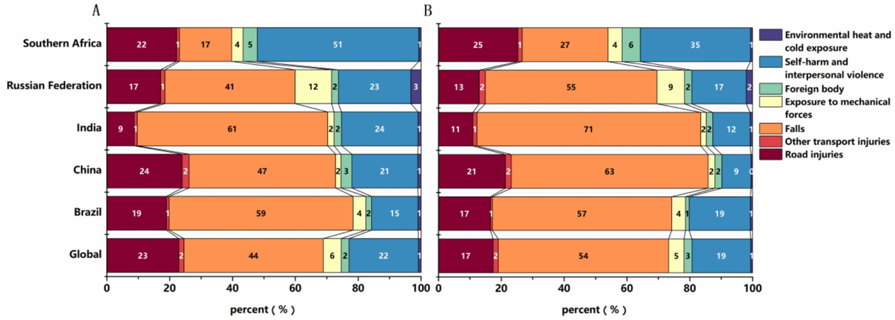 Two stacked bar charts labeled A and B compare causes of unintentional injuries by region: Southern Africa, Russian Federation, India, China, Brazil, and Global. Categories include road injuries, other transport injuries, falls, exposure to mechanical forces, foreign body, self-harm and interpersonal violence, and environmental heat and cold exposure, with color-coded sections. Most significant causes in A are road injuries and falls, while B highlights falls as the primary cause. Data is proportional and displayed in percentages with a legend on the right.