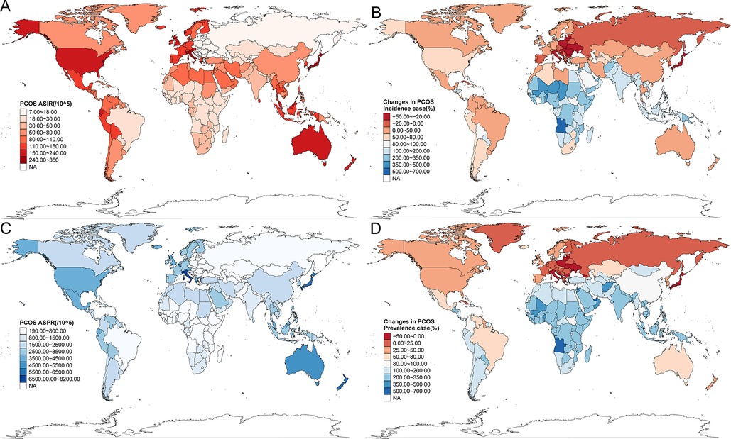 Four world maps display data on Polycystic Ovary Syndrome (PCOS). Map A shows age-standardized incidence rates with a gradient from light to dark red; Map B shows changes in incidence rates, with red indicating increases and blue decreases. Map C presents age-standardized prevalence rates in blues, while Map D illustrates changes in prevalence with a similar color scheme. Regions vary in color intensity, representing different data ranges.
