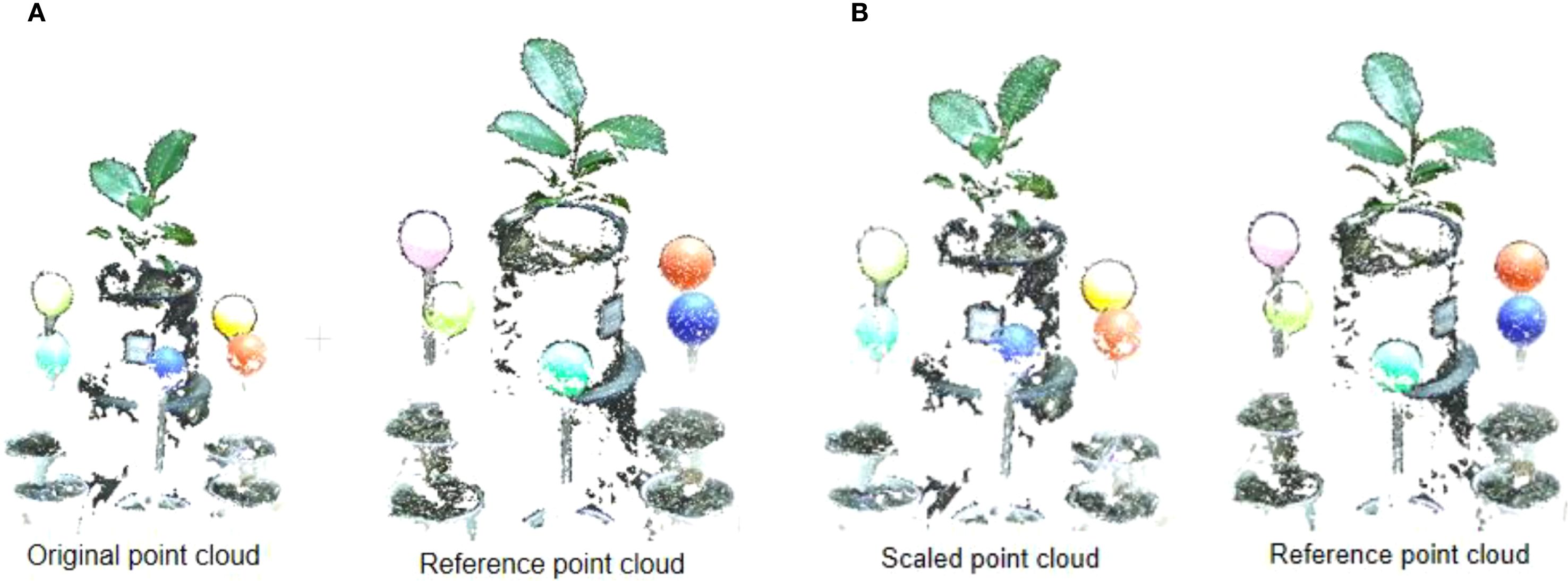 Panel A and B show 3D point cloud models of a potted plant. Panel A has “Original point cloud” and “Reference point cloud” side by side. Panel B has “Scaled point cloud” and another “Reference point cloud” side by side. Each model features colored spheres around the plant.