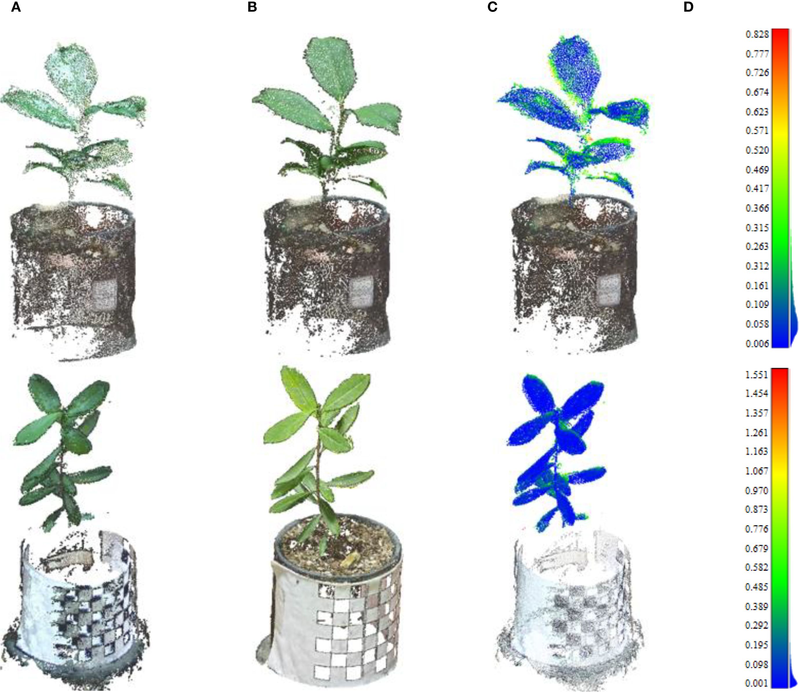 Three columns labeled A, B, and C show potted plants with different visualization techniques. Column A and B depict the plants in realistic green hues, while column C uses a blue-to-green color gradient. A color scale on the right, labeled D, ranges from red to blue, representing numerical values from 0.001 to 1.551.