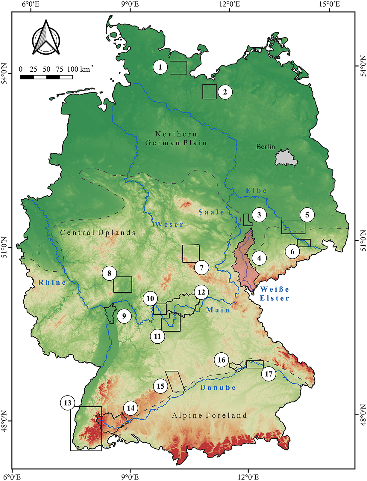 Map of Germany illustrating various geographic regions including the Northern German Plain, Central Uplands, and Alpine Foreland. Major rivers like the Rhine, Weser, Elbe, and Danube are highlighted. Numbered circles and boxes mark specific areas. Berlin is marked in gray. The terrain is color-coded indicating elevation differences, with green for lowlands and red for highlands. A scale and compass are present.