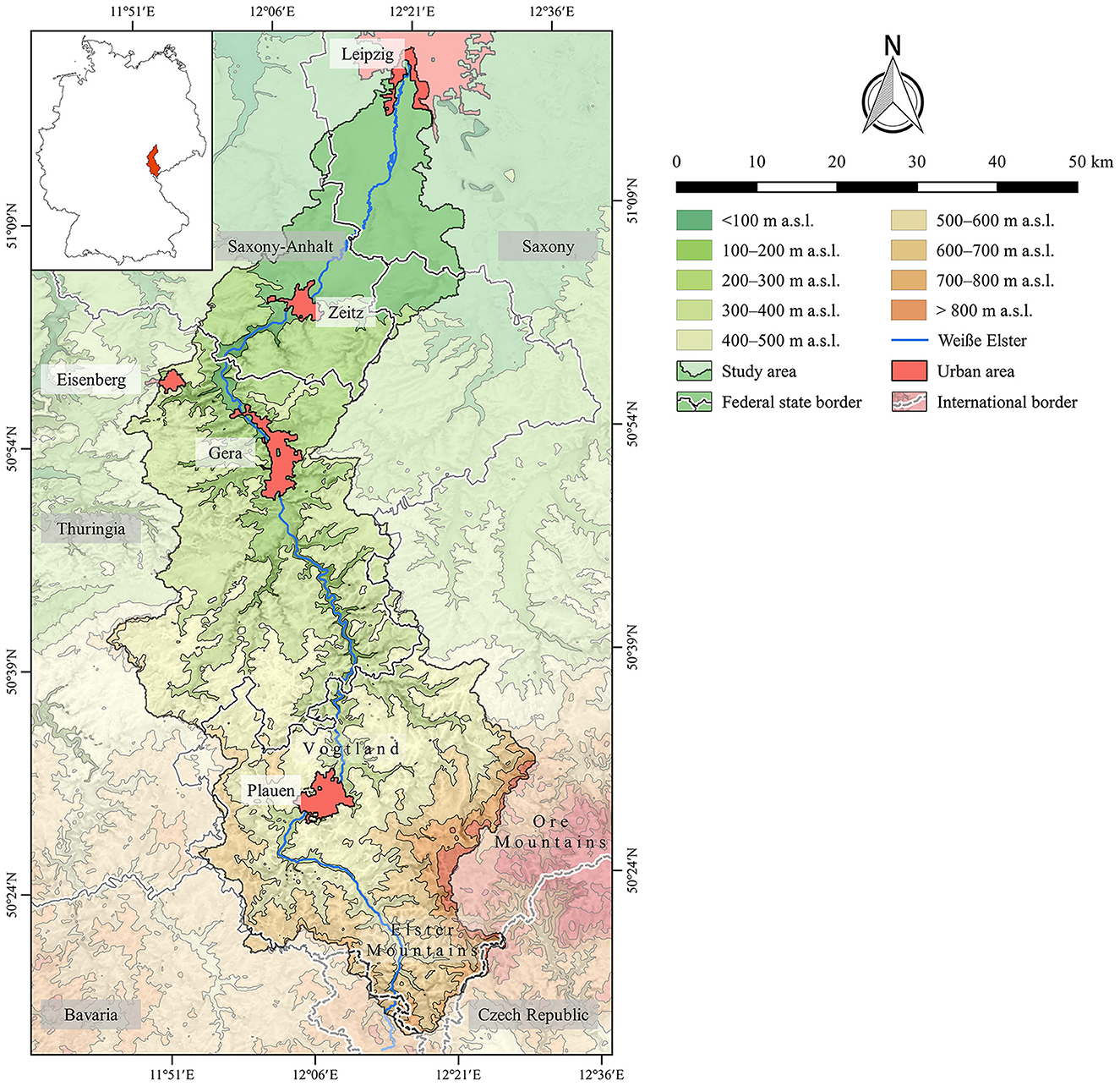 Map showing the WeiElster River basin region, including parts of Germany and the Czech Republic. Topographic elevations range from under 100 to over 800 meters above sea level. Urban areas like Leipzig, Zeitz, and Plauen are marked in red. The study area is highlighted in green, with borders distinguishing federal states and countries.