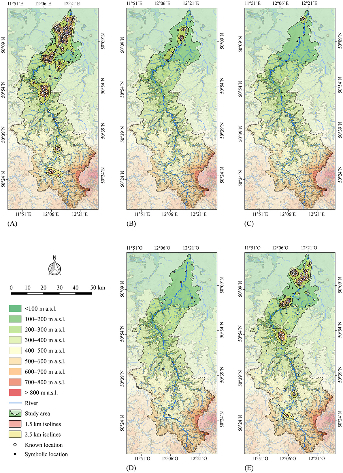 Maps showing the study area during different Bronze Age periods: (A) Entire Bronze Age, (B) Early Bronze Age, (C) Middle Bronze Age, (D) Transitional Period, and (E) Urnfield Period. Elevation is indicated by colors, ranging from green for lower elevations to red for higher elevations. Rivers and significant locations are marked. Symbols denote archaeological sites with known and symbolic locations. Modelled territories for site densities are highlighted in different colors using 1.5 and 2.5 kilometer isolines.