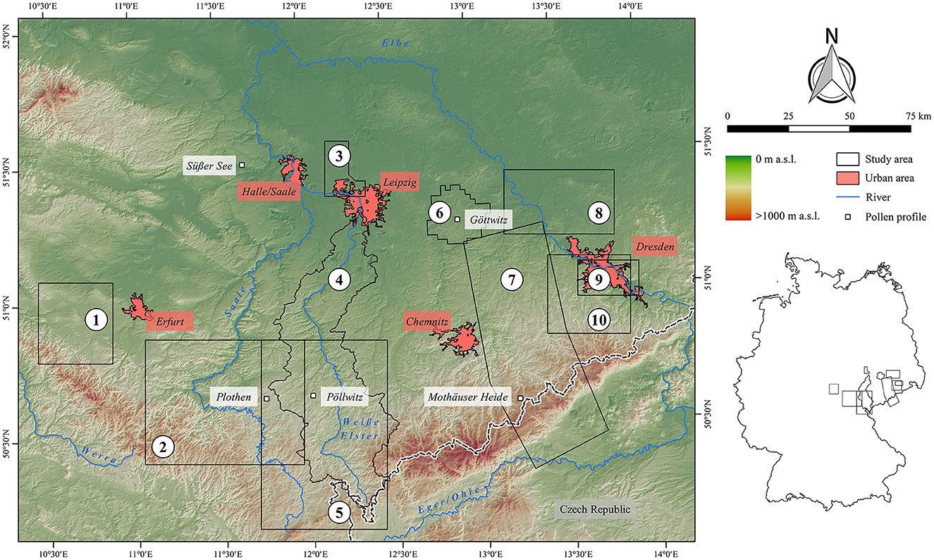 Map depicting study areas in Central Germany, marked by numbered boxes. Urban areas are highlighted in red, rivers in blue, and elevation gradients from green to brown. Urban areas like Erfurt, Leipzig, and Dresden are marked in red and labeled. A legend explains the map features, including locations of investigated pollen profiles. An inset map shows the study areas locations within Germany.