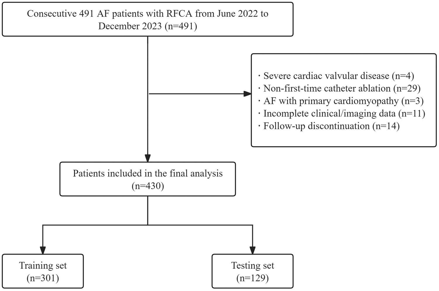 Flowchart showing patient selection for a study. Initially, 491 AF patients underwent RFCA from June 2022 to December 2023. Exclusions included severe cardiac valvular disease (4), non-first-time catheter ablation (29), AF with primary cardiomyopathy (3), incomplete data (11), and follow-up discontinuation (14). Final analysis included 430 patients, divided into a training set (301) and a testing set (129).