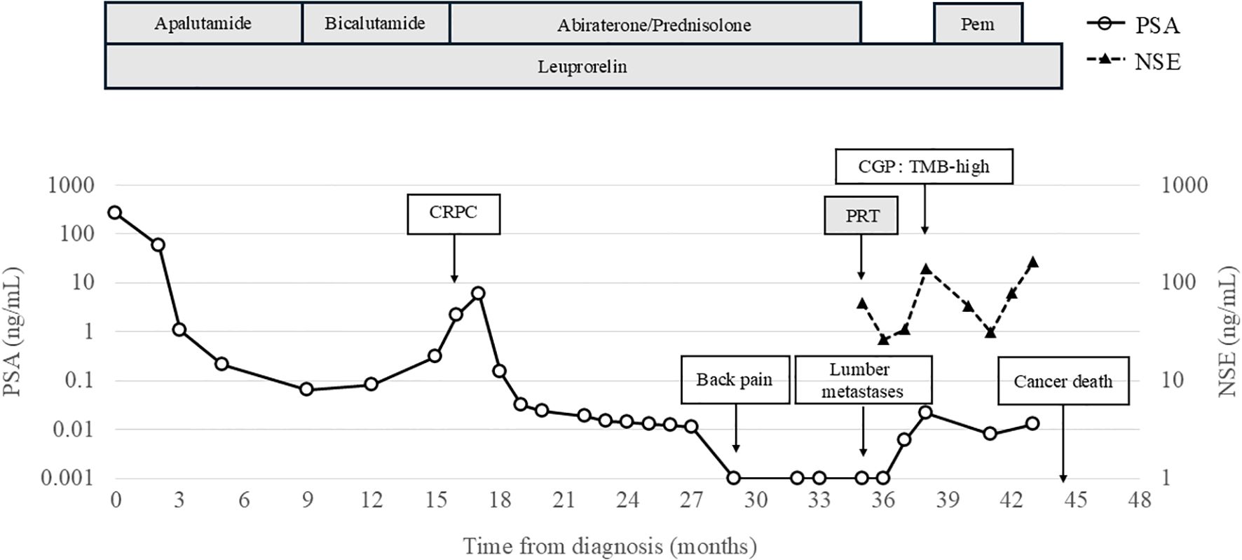 Graph depicting PSA and NSE levels over 44 months from diagnosis, with treatments including Apalutamide, Bicalutamide, Abiraterone/Prednisolone, Leuprorelin, and Pembrolizumab. Key events like CRPC, PRT, CGP: TMB-high, back pain, lumbar metastases, and cancer death are marked. NSE and PSA temporarily decreased following the initiation of pembrolizumab.