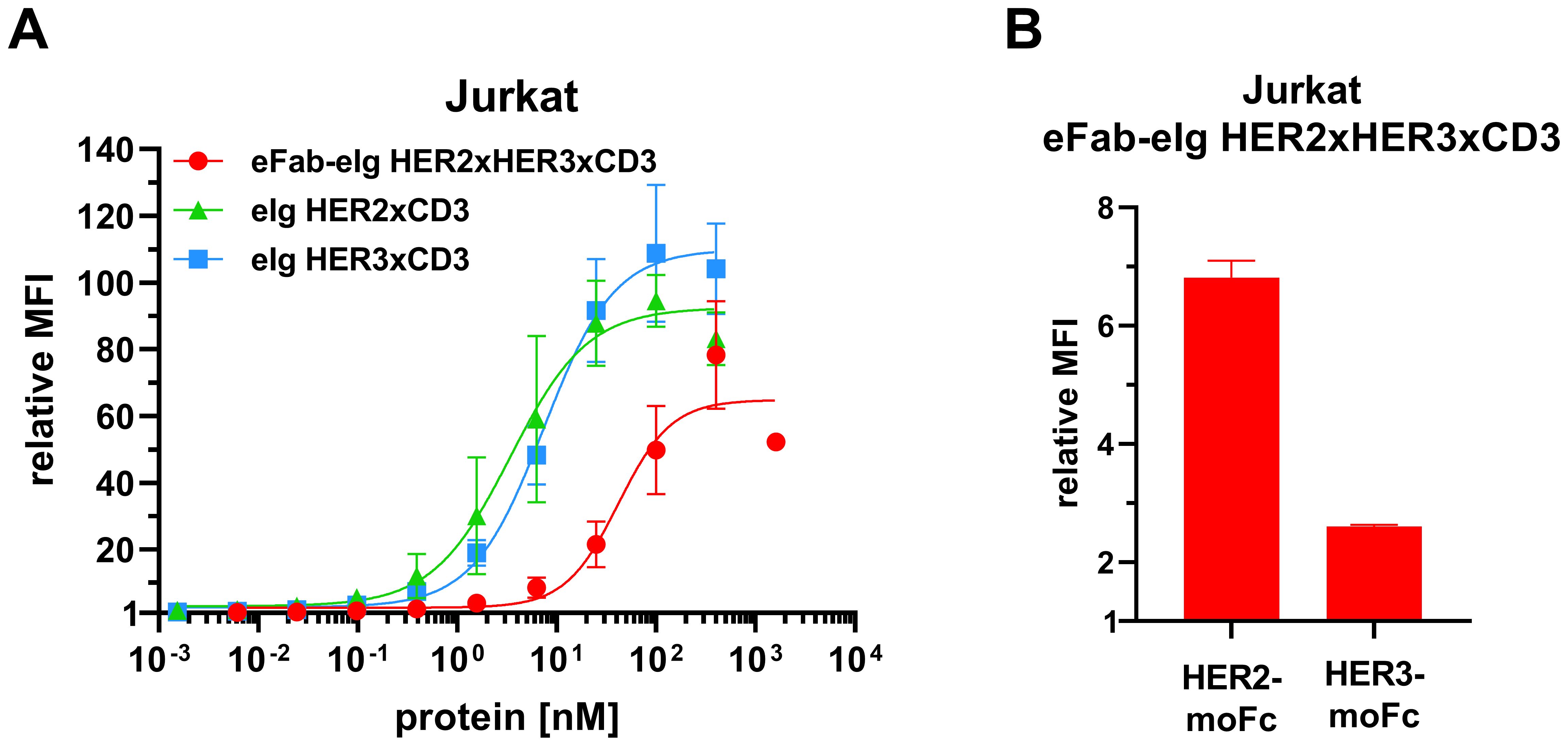 Two graphs labeled A and B depict relative MFI measurements for Jurkat cells. Graph A is a line chart showing the response of three protein combinations: red circles for eFab-elg HER2xHER3xCD3, blue squares for elg HER2xCD3, and green triangles for elg HER3xCD3, across protein concentrations from 0.001 to 10,000 nanomolar. Graph B is a bar chart comparing HER2-moFc and HER3-moFc, with higher MFI for HER2-moFc.