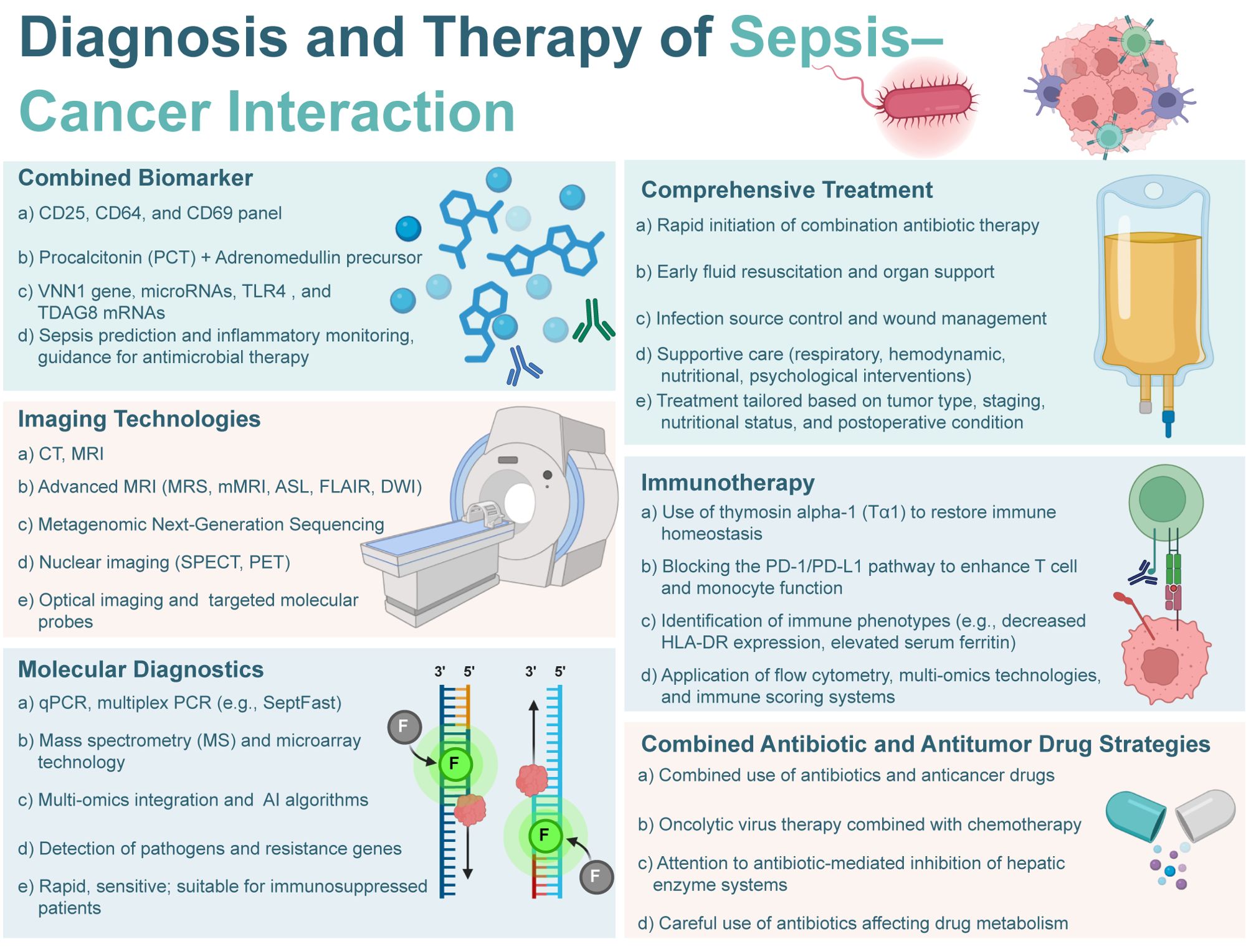 Diagram illustrating diagnosis and therapy strategies for sepsis-cancer interaction. Sections include Combined Biomarker, Imaging Technologies, Molecular Diagnostics, Comprehensive Treatment, Immunotherapy, and Combined Antibiotic and Antitumor Drug Strategies. Visual elements enhance understanding of each topic, such as DNA structures, MRI machines, and medication symbols.