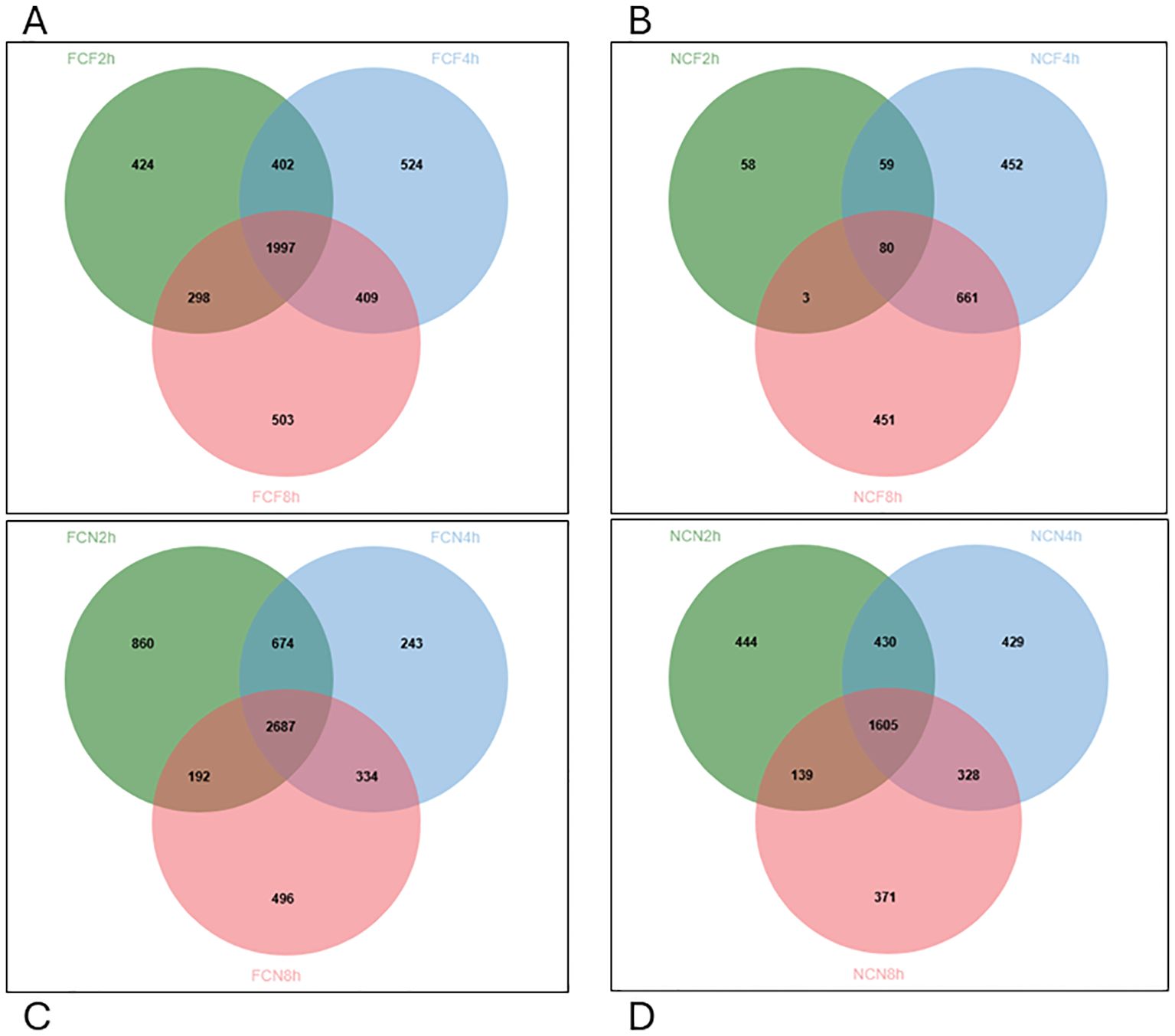 Four Venn diagrams labeled A, B, C, and D, each showing the overlap among three groups. Diagrams A and B depict FCF and NCF time points, while diagrams C and D depict FCN and NCN time points. Each diagram has numbers within the circles indicating the quantity in each section, revealing shared and unique elements among the groups.