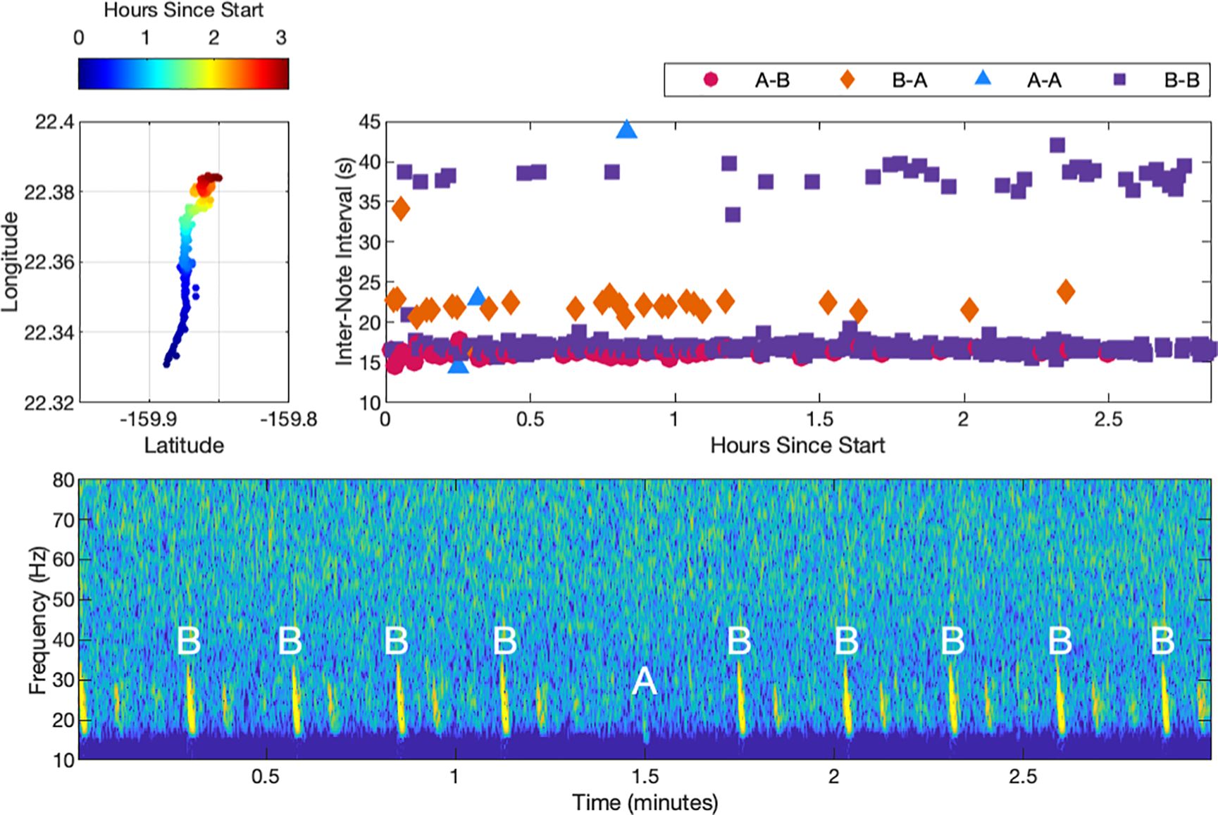 A series of graphs and a spectrogram illustrate data over time. The top left graph shows a color-coded spatial track over latitude and longitude, corresponding to hours since start. The top right scatter plot displays inter-note intervals in seconds over time, with different symbols representing A-B, B-A, A-A, and B-B note intervals. The majority of notes are B-B with a peak at approximately 16 seconds.  The bottom spectrogram visualizes frequency from 10 to 80 Hertz over time in minutes, with labeled points “A” and “B” indicating individual notes, with the B-B pattern dominant with intermittent weak A notes.