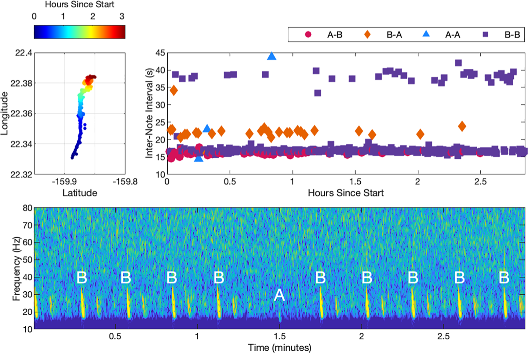 A series of graphs and a spectrogram illustrate data over time. The top left graph shows a color-coded spatial track over latitude and longitude, corresponding to hours since start. The top right scatter plot displays inter-note intervals in seconds over time, with different symbols representing A-B, B-A, A-A, and B-B note intervals. The majority of notes are B-B with a peak at approximately 16 seconds. The bottom spectrogram visualizes frequency from 10 to 80 Hertz over time in minutes, with labeled points “A” and “B” indicating individual notes, with the B-B pattern dominant with intermittent weak A notes.