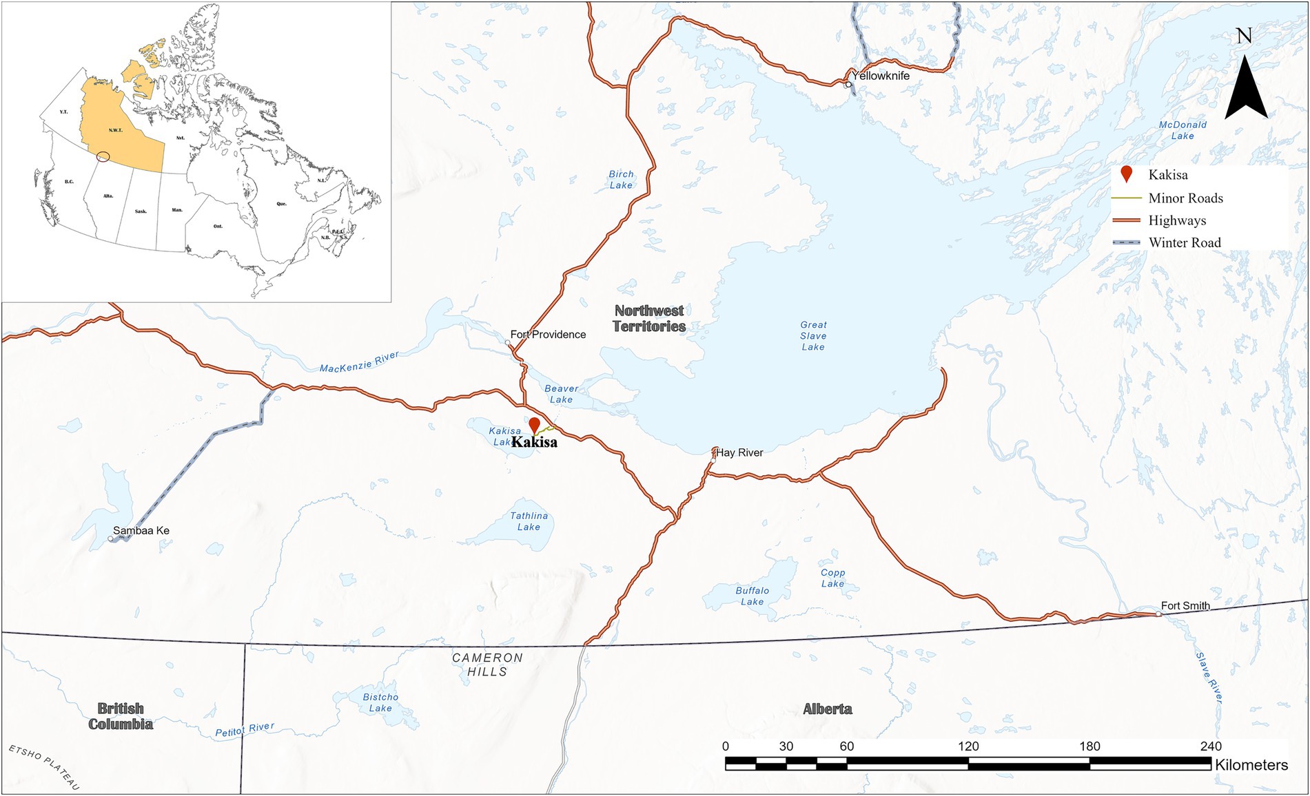Map of the Northwest Territories in Canada highlighting Kakisa. It shows Kakisa's location relative to major landmarks like Great Slave Lake and nearby roads, including highways, minor roads, and a winter road. Nearby locations such as Yellowknife, Hay River, Fort Providence, and Fort Smith are marked. An inset map shows the location of the Northwest Territories within Canada.