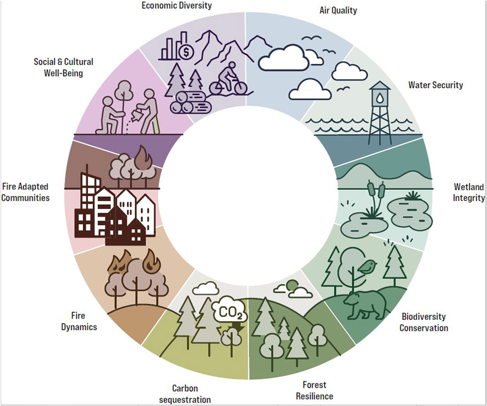 Circular diagram illustrating various environmental and community concepts. Segments include Economic Diversity, Air Quality, Water Security, Wetland Integrity, Biodiversity Conservation, Forest Resilience, Carbon Sequestration, Fire Dynamics, Fire Adapted Communities, and Social & Cultural Well-Being, each with representative icons.