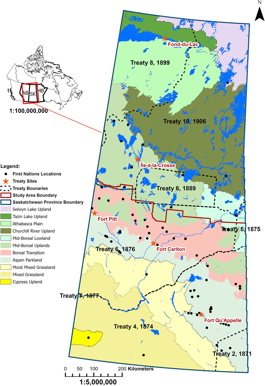 Map of Saskatchewan, Canada, showing Treaty areas with dates, such as Treaty 4 in 1874. Various terrains like boreal uplands and mixed grassland are colored differently. Locations of First Nations and treaty sites are marked. A small Canada map inset highlights Saskatchewan. Legend explains symbols and colors.