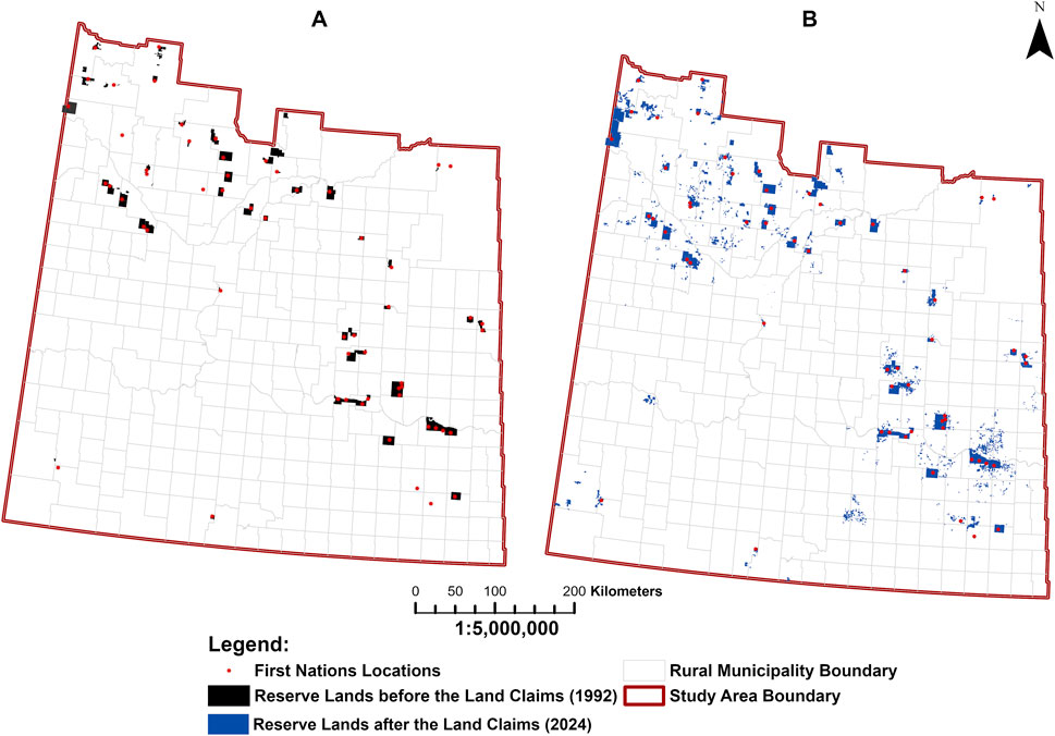 Map comparison showing reserve lands before and after land claims. Map A depicts reserve locations in black as of 1992, while map B shows blue areas representing reserve lands after claims in 2024. First Nations locations are marked in red dots. Boundaries for rural municipalities and study areas are outlined.