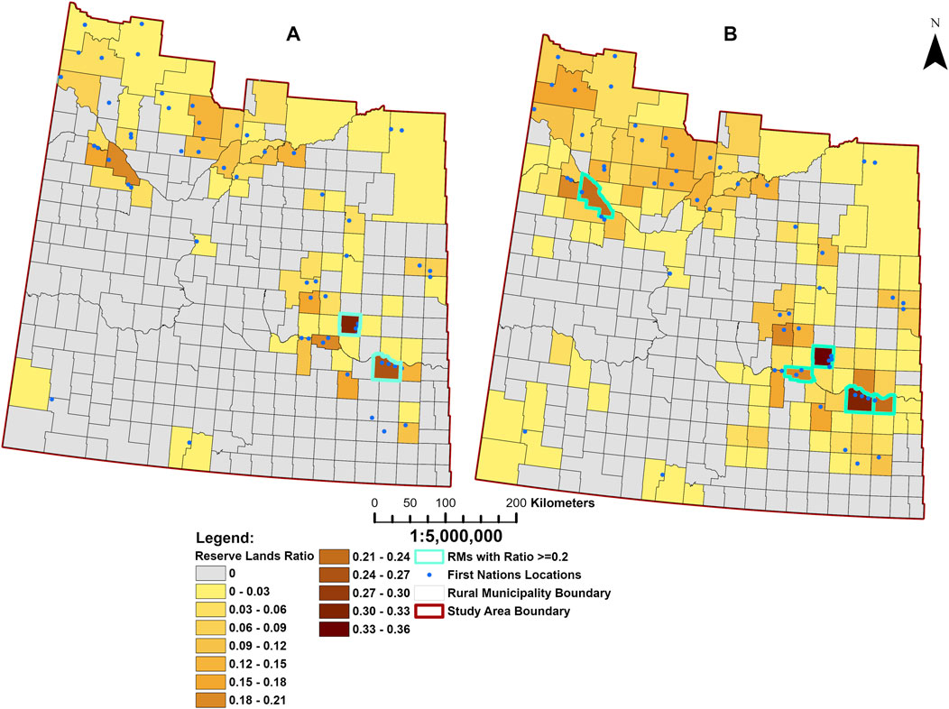 Map panels A and B display reserve lands ratio, rural municipality boundaries, study area boundaries, and First Nations locations. Colors indicate ratios ranging from zero to over 0.36, as specified in the legend. Blue dots represent First Nations locations, and study area boundaries are highlighted in red. North arrow and scale bar included.
