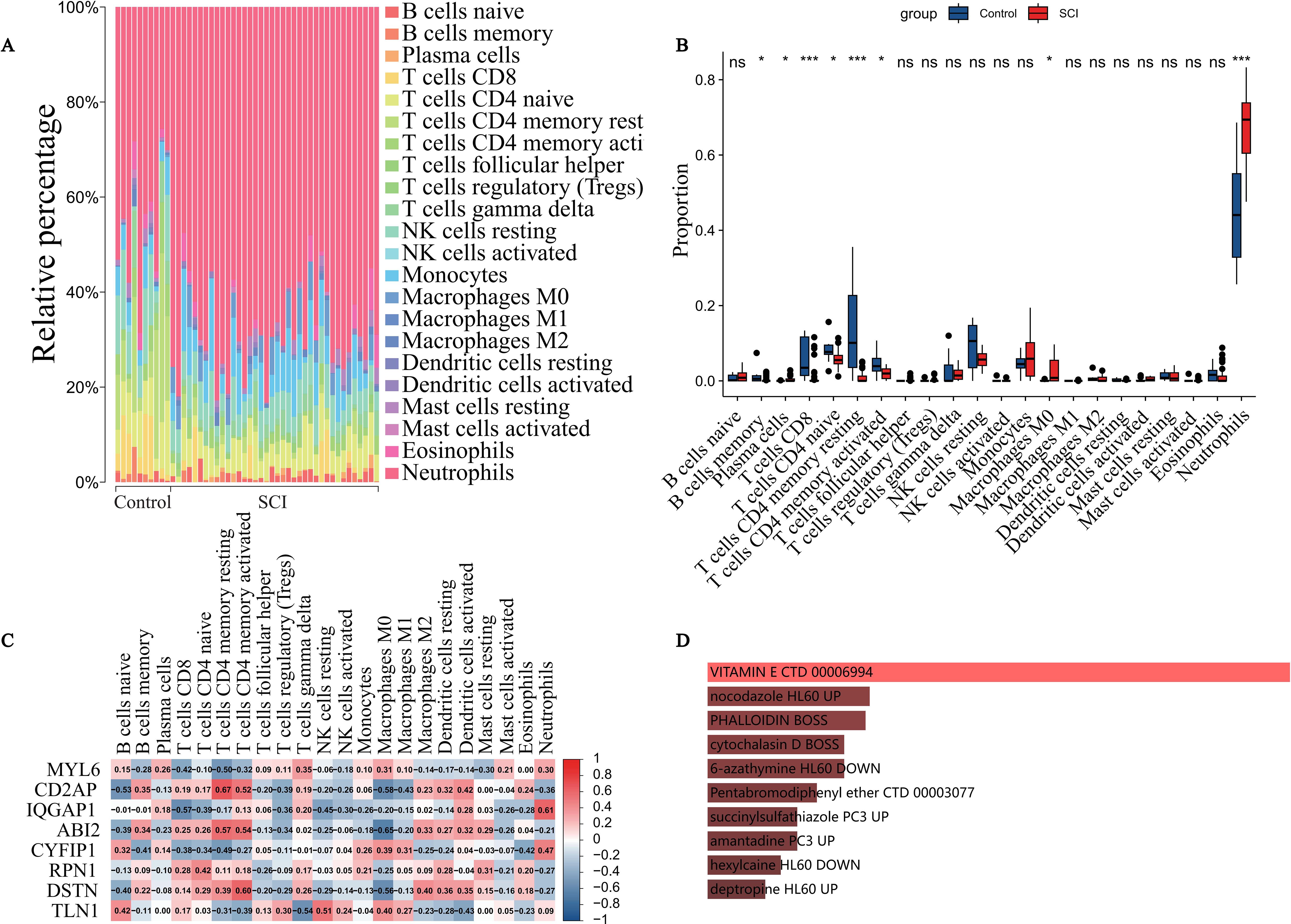 Bar plots and heatmaps depicting cell type distributions and gene expression in control and SCI groups. Panel A shows the relative percentage of various immune cells. Panel B displays box plots of cell proportions with statistical significance indicators. Panel C is a heatmap of gene expression across cell types, with colors indicating expression levels. Panel D lists chemical compounds with their effects and identifiers.