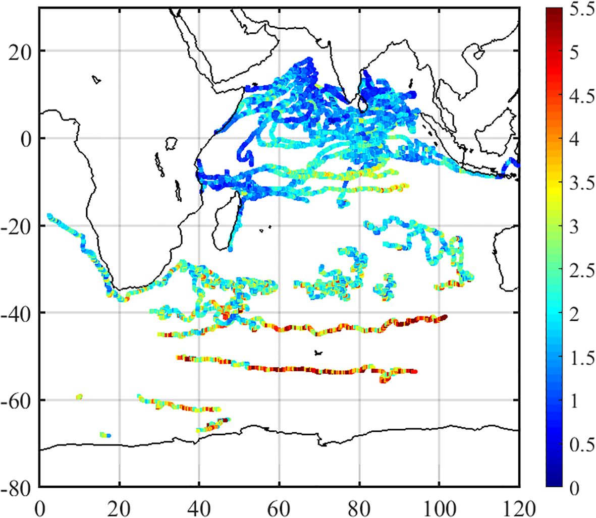 Map of the Indian Ocean displaying wave drifter tracks in the IOWD program; color represents significant wave height (m). Blue indicates lower intensity, while red shows higher intensity, with the scale ranging from zero to five point five on the right.