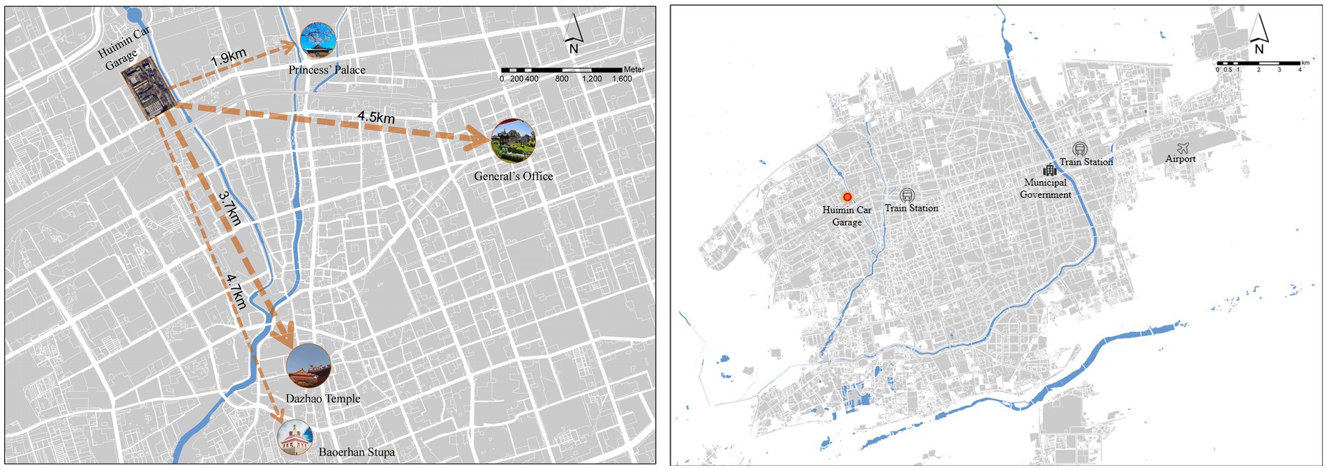 Map divided into two sections. The left section shows routes with distances between locations: Huimin Car Garage, Princess Palace, General’s Office, Dazhao Temple, and Baorhan Stupa. The right section highlights key places: Huimin Car Garage, Train Station, Municipal Government, and Airport. Arrows and blue lines indicate routes and rivers.